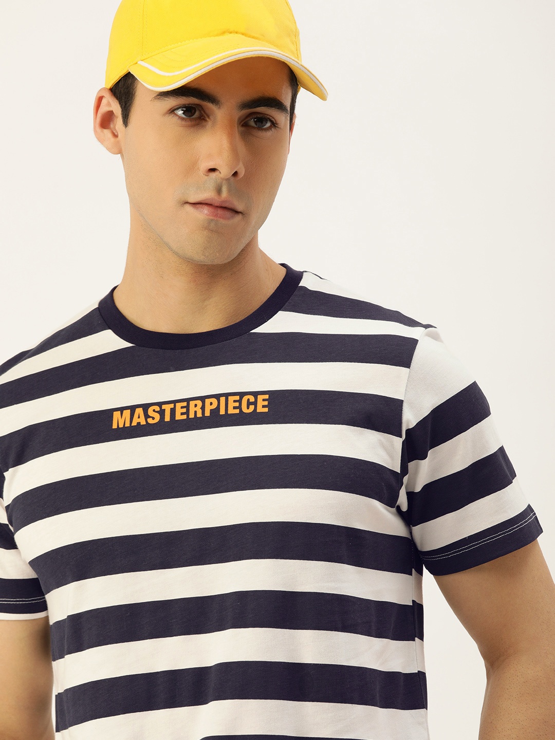 

Kook N Keech Men White & Navy Blue Striped Pure Cotton T-shirt
