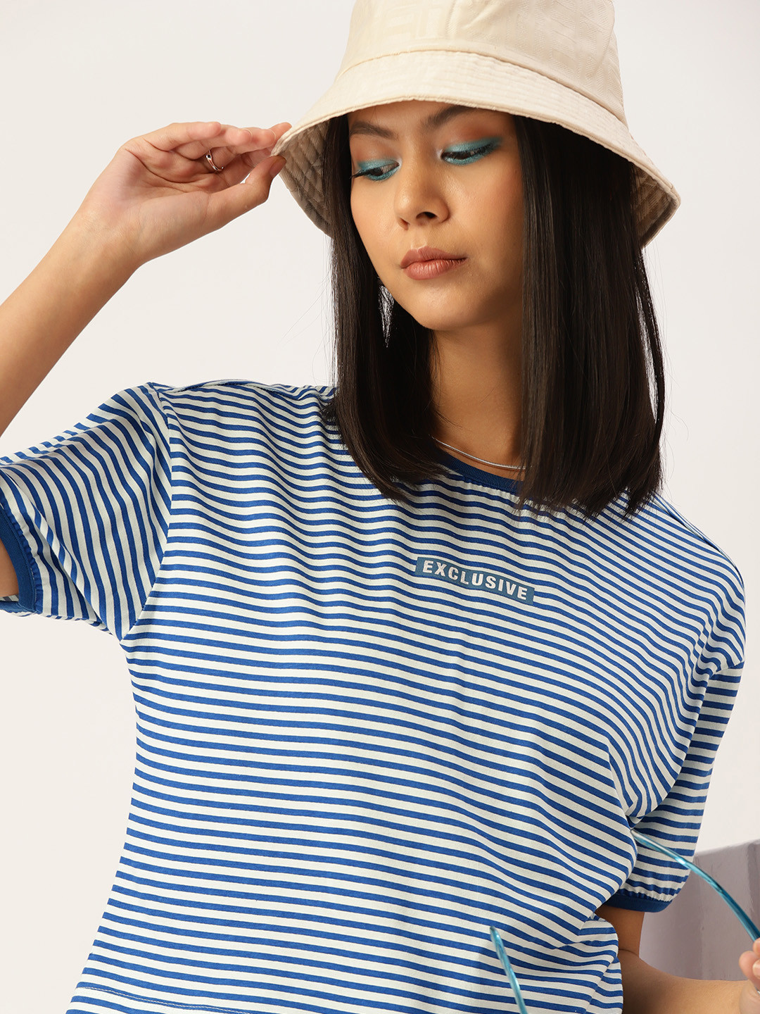 

Kook N Keech Women Blue & White Striped Pure Cotton Boxy T-shirt