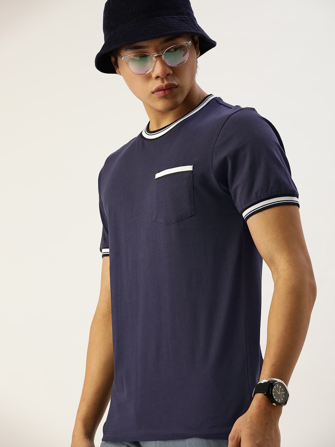 

Kook N Keech Men Navy Blue Pure Cotton Round Neck Knitted T-shirt