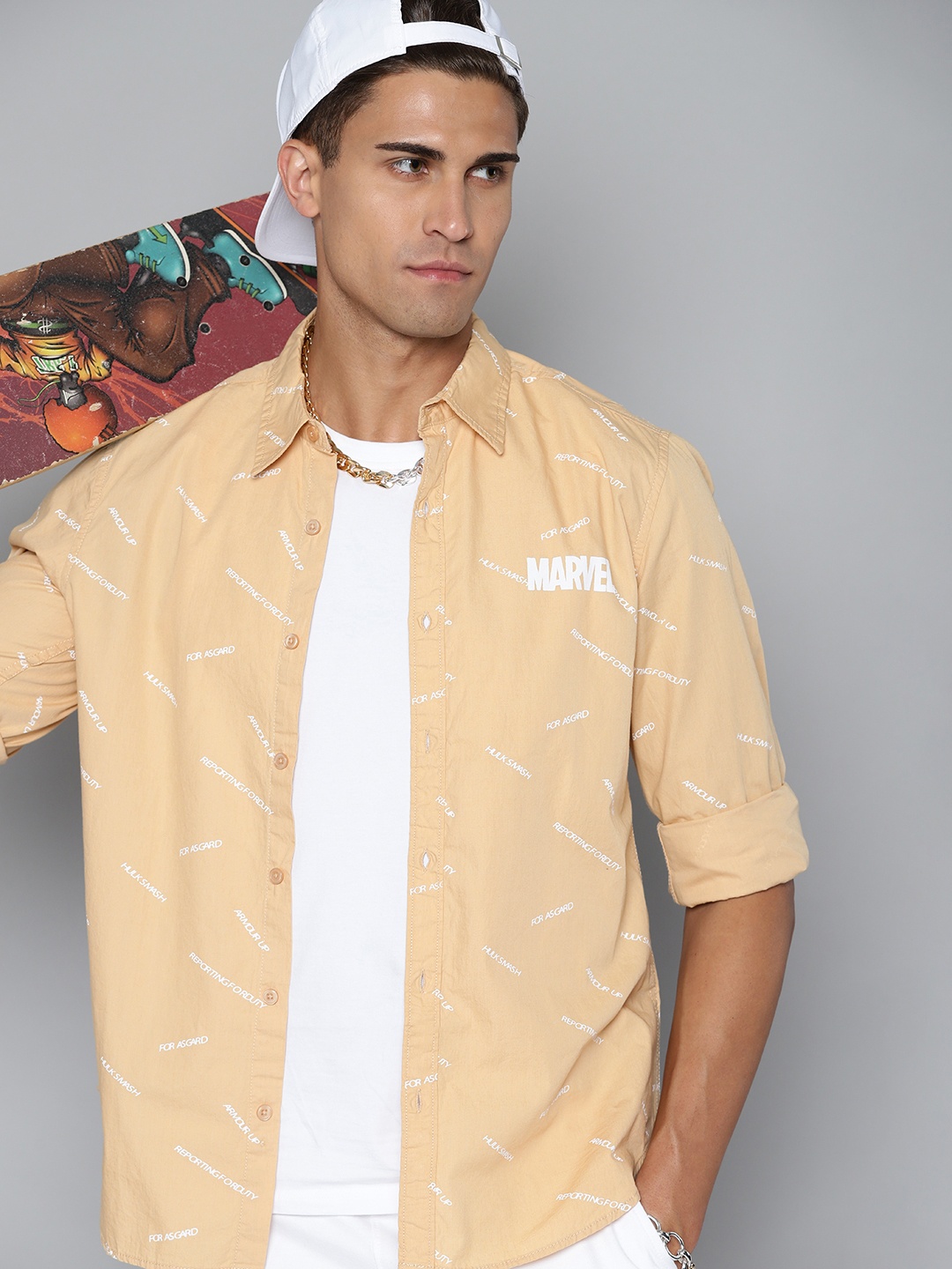 

Kook N Keech Marvel Men Beige & off-White Printed Casual Shirt