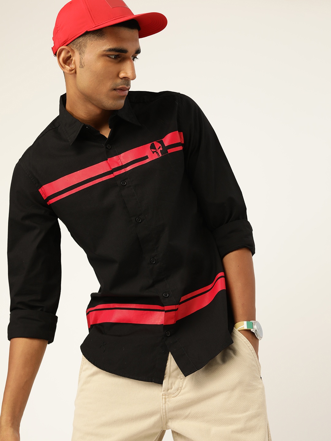 

Kook N Keech Marvel Men Black & Red Striped With Print Detail Cotton Casual Shirt
