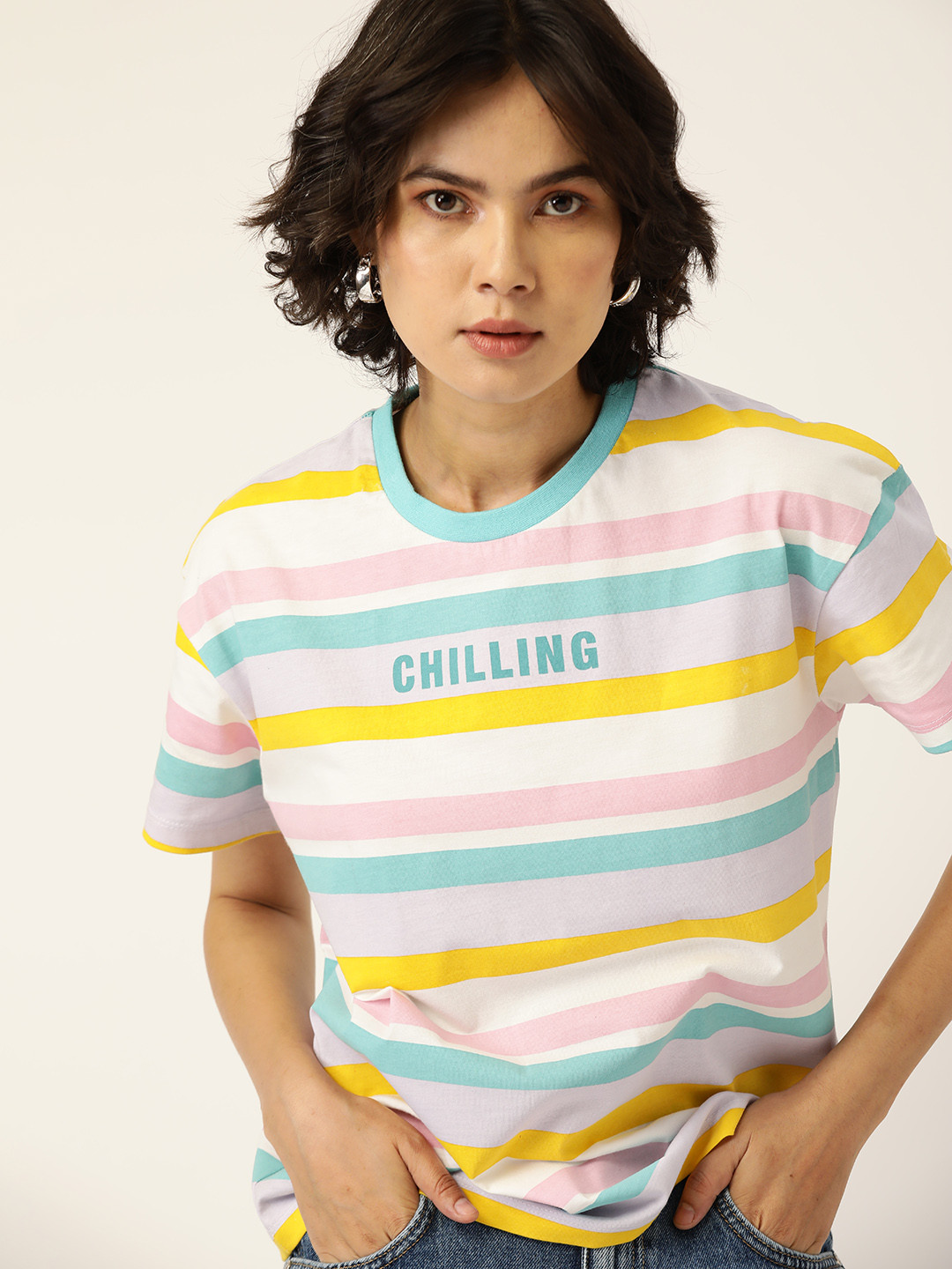 

Kook N Keech Women White & Yellow Pure Cotton Striped T-shirt