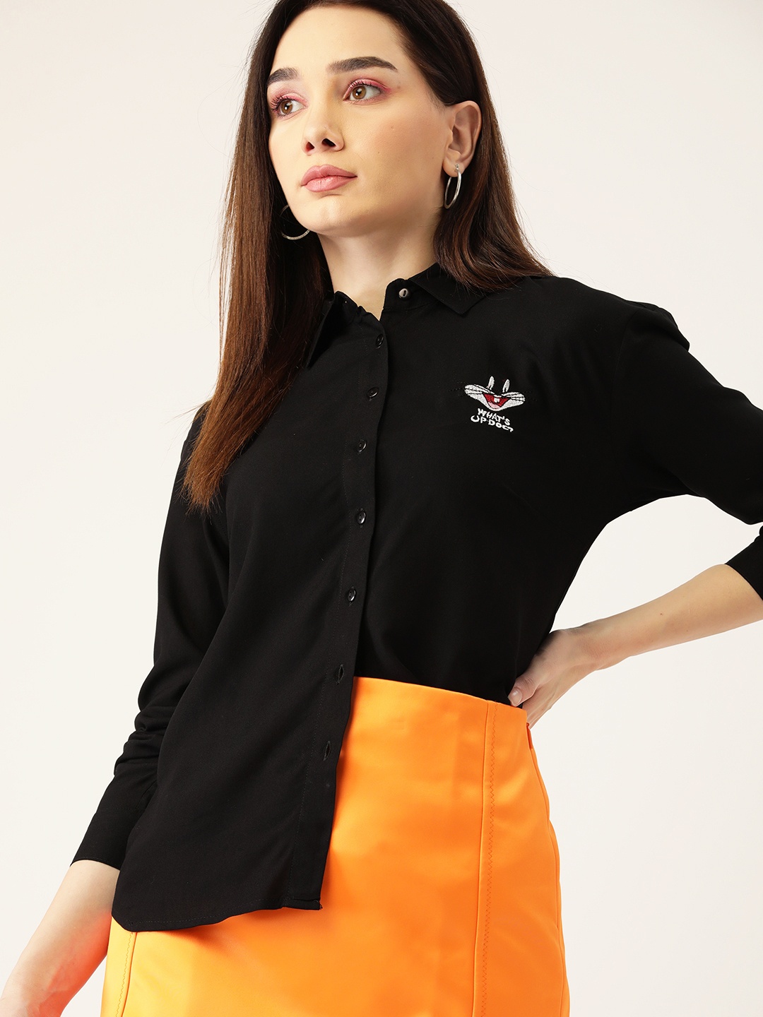 

Kook N Keech Looney Tunes Women Black Bugs Bunny Embroidered Casual Shirt