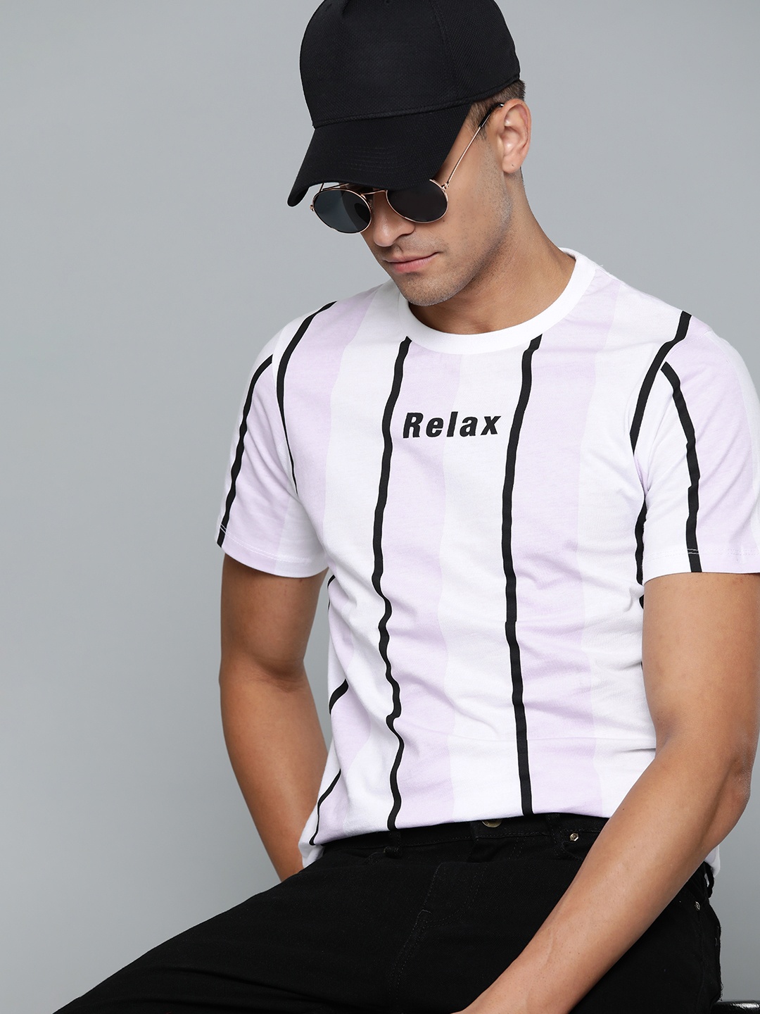 

Kook N Keech Men White & Lavender Striped Pure Cotton T-shirt