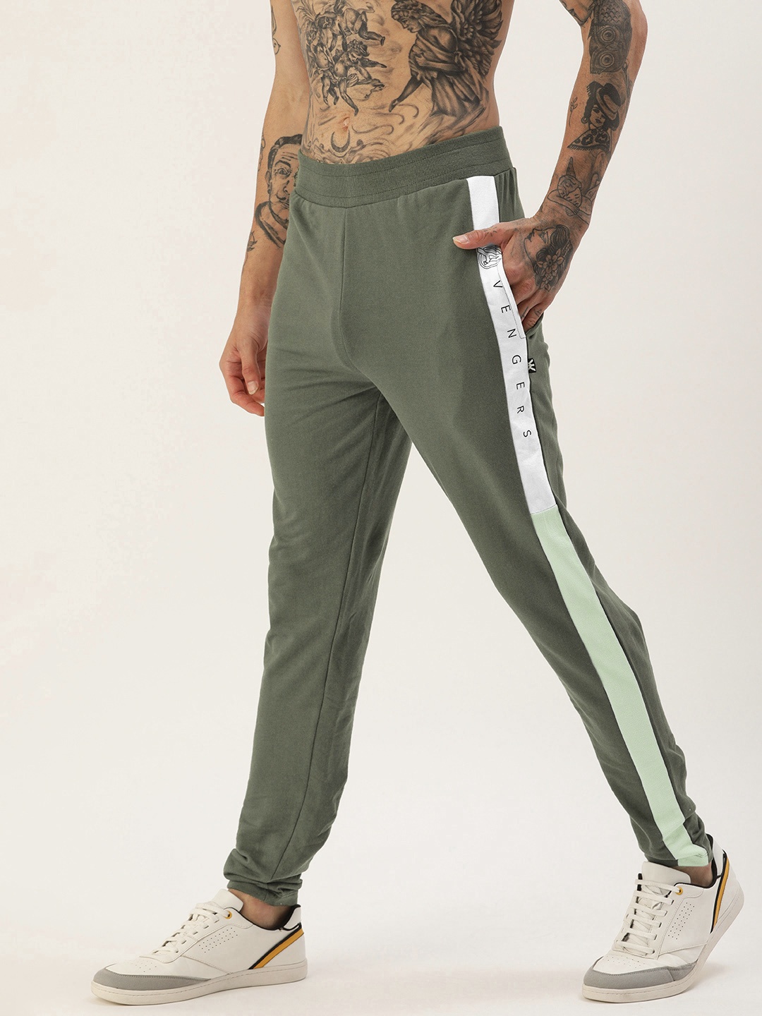 

Kook N Keech Marvel Men Olive Green Solid Mid-Rise Regular Track Pants With Printed Panels