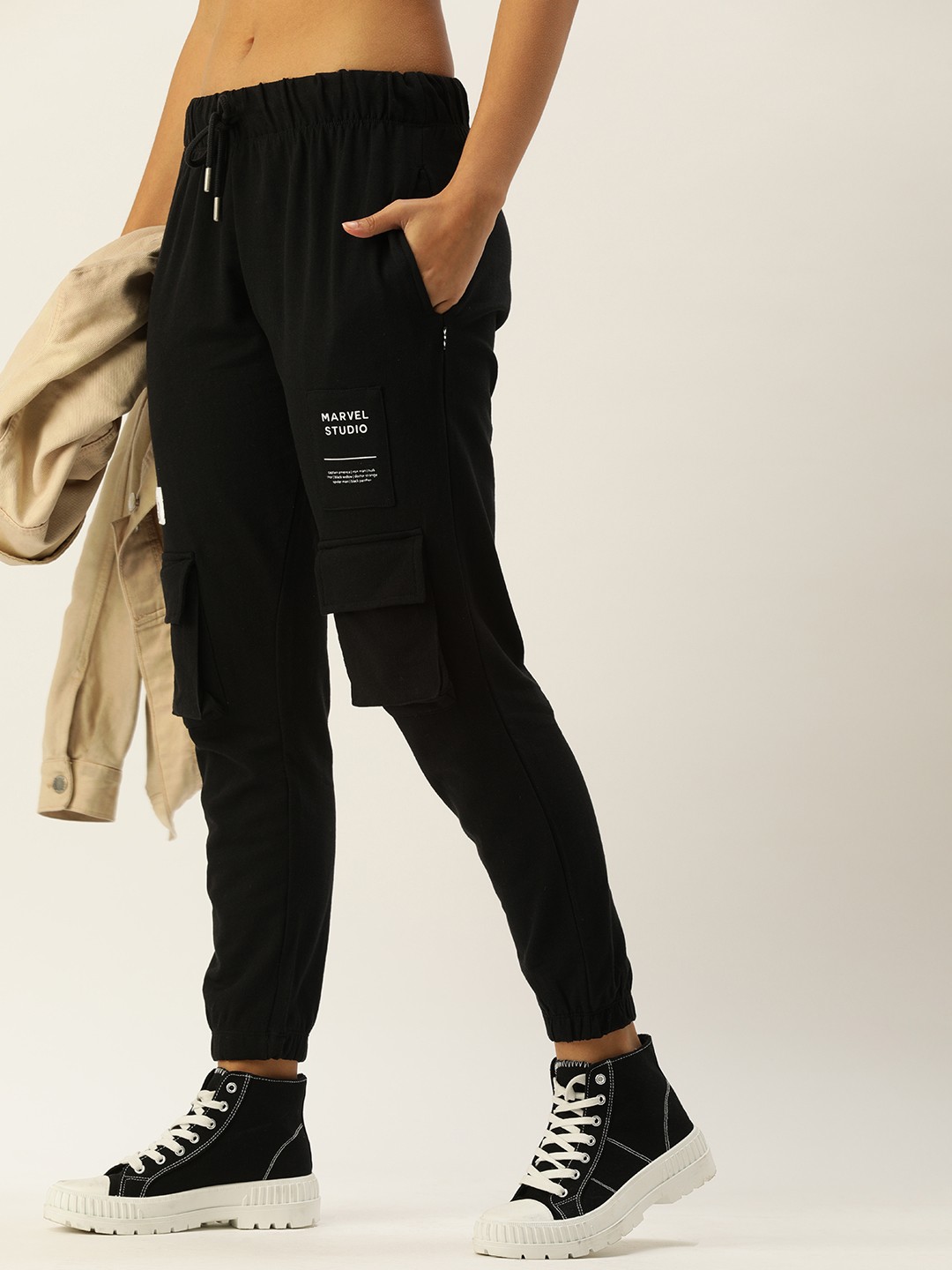 

Kook N Keech Marvel Men Black Solid Pure Cotton Cargo Joggers With Patchwork Detail