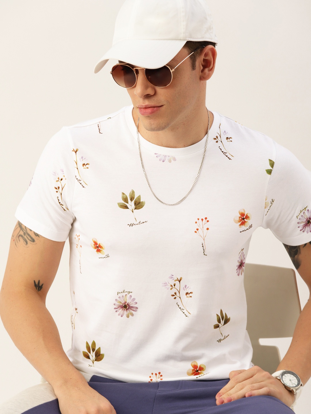

Kook N Keech Unisex White & Green Floral Printed Pure Cotton T-shirt