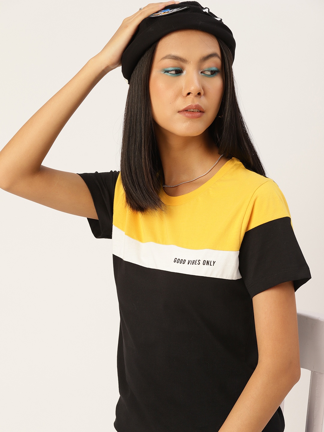 

Kook N Keech Women Black & Yellow Colourblocked Pure Cotton T-shirt