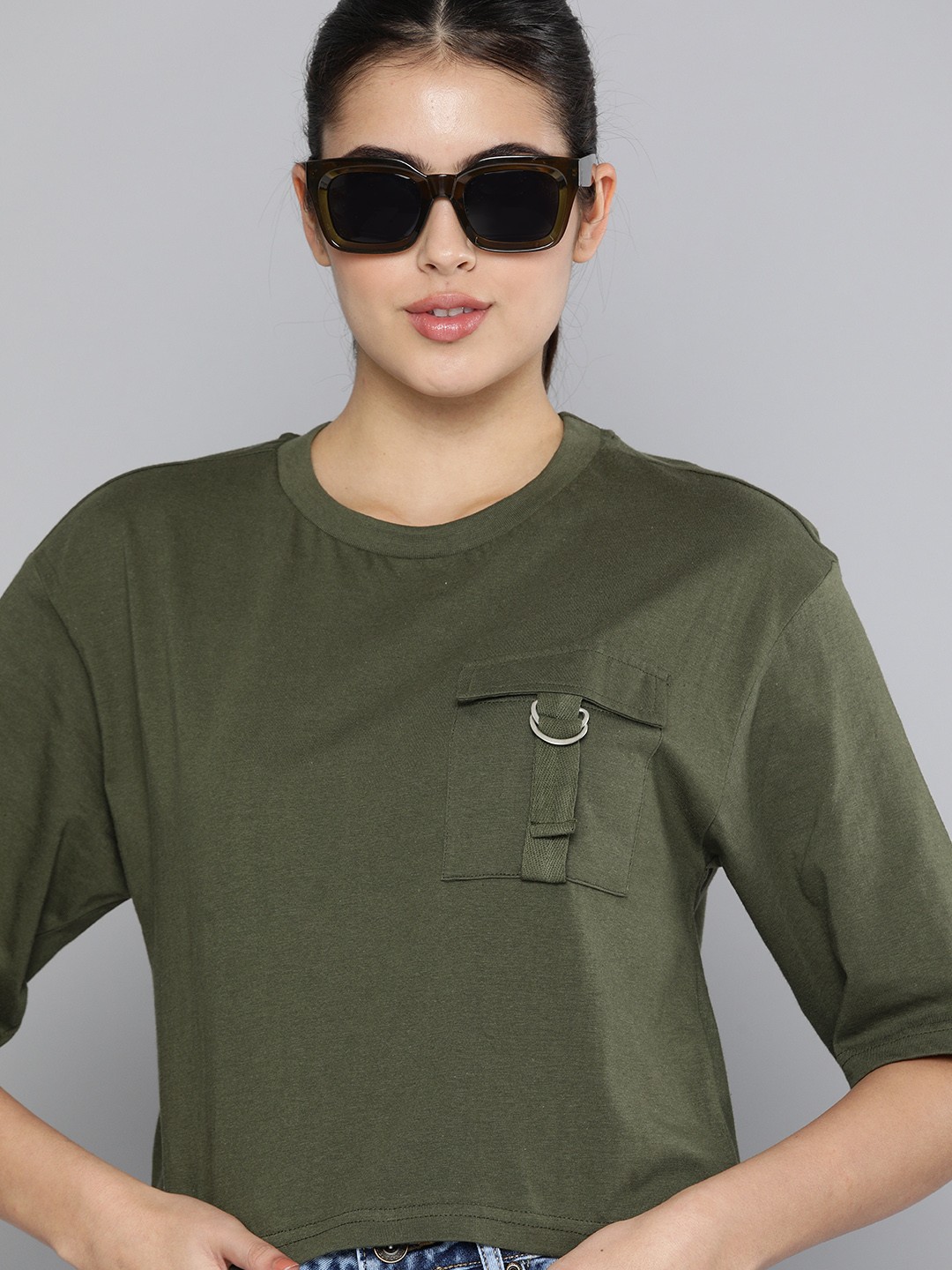 

Kook N Keech Women Olive Solid Pocket Detailed Casual Top