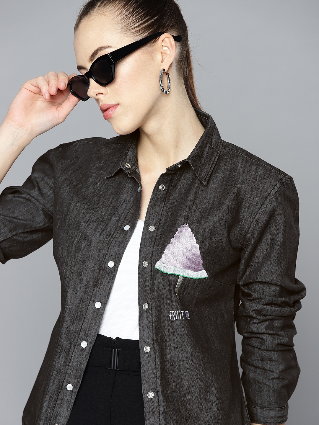 

Kook N Keech Women Charcoal Solid Applique Pure Cotton Denim Shirt
