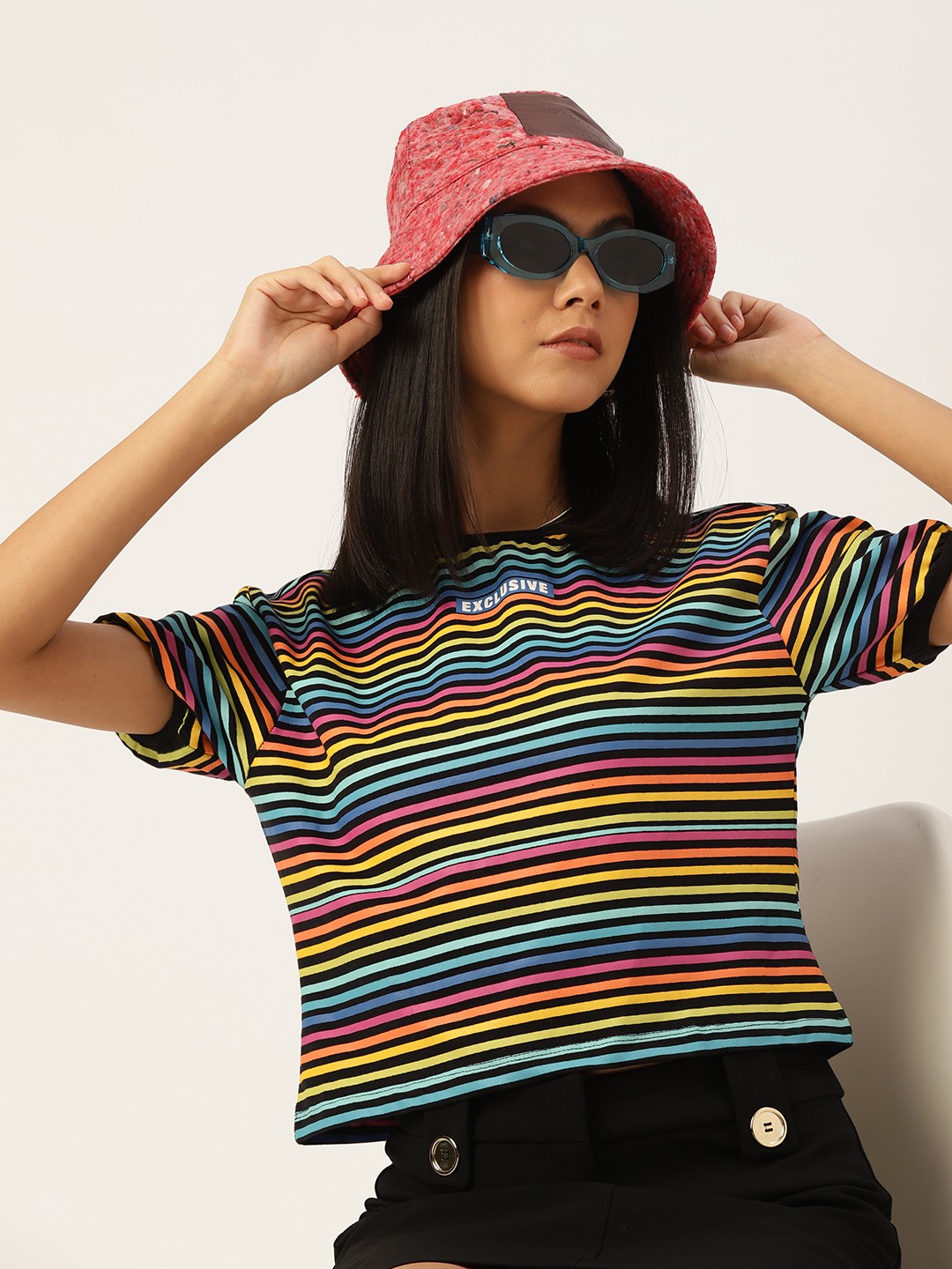 

Kook N Keech Women Multicoloured Striped Drop-Shoulder Sleeves Pure Cotton T-shirt, Multi