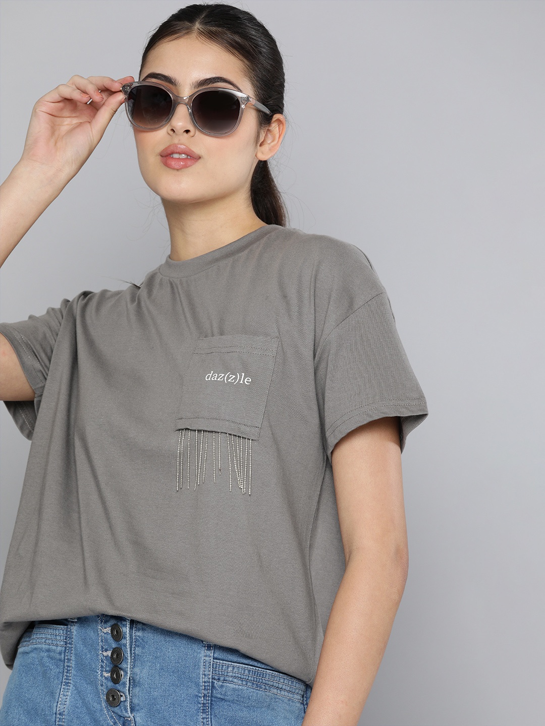 

Kook N Keech Women Grey Print Extended Sleeves Studded Pure Cotton Top