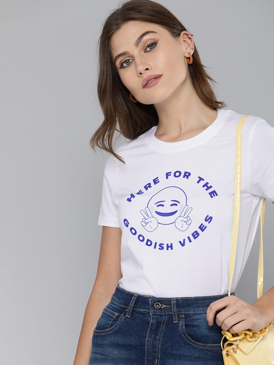 

Kook N Keech Emoji Women White & Blue Printed Casual T-shirt