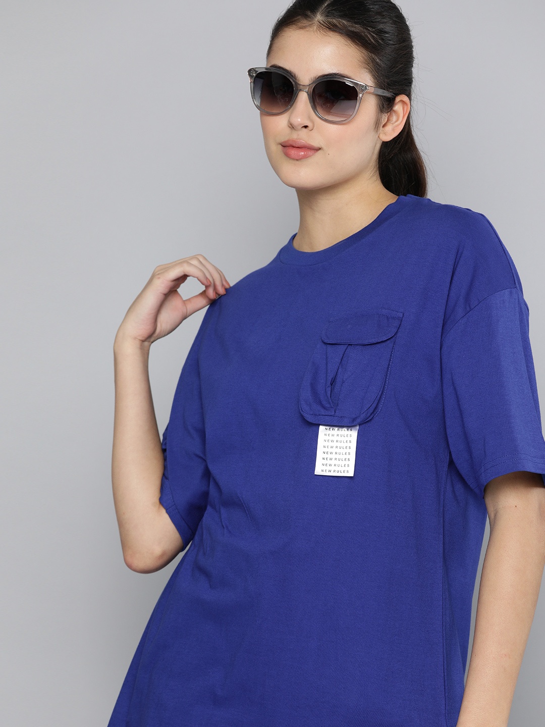

Kook N Keech Women Blue Extended Sleeves Pure Cotton Longline Top