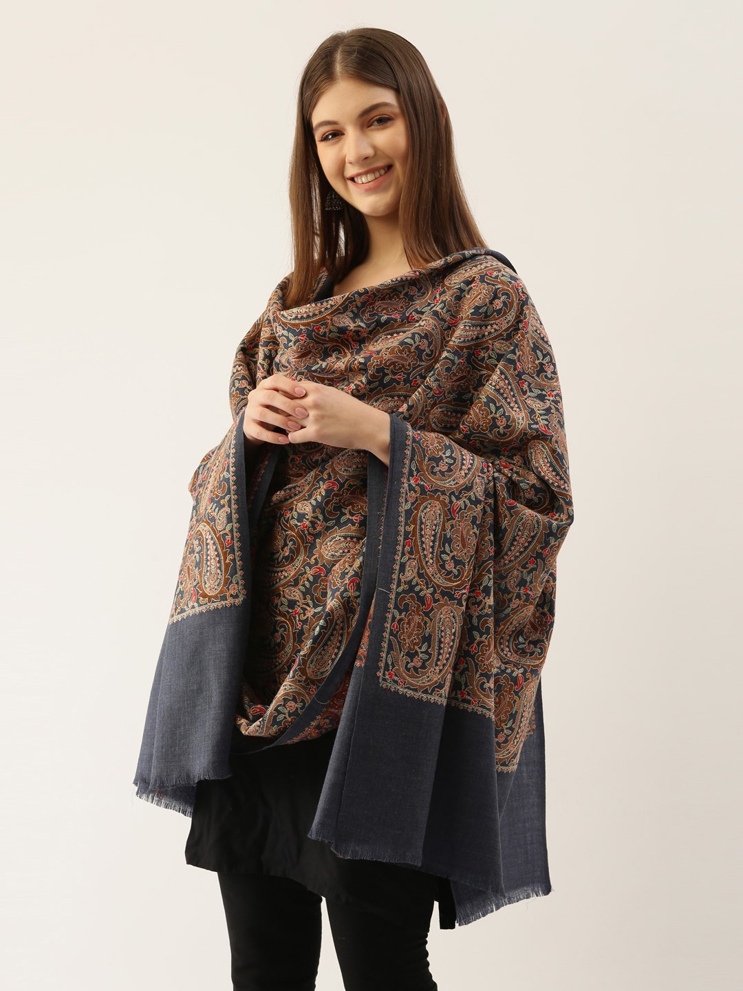 

Pashmoda Women Navy Blue & Pink Embroidered Woolen Shawl