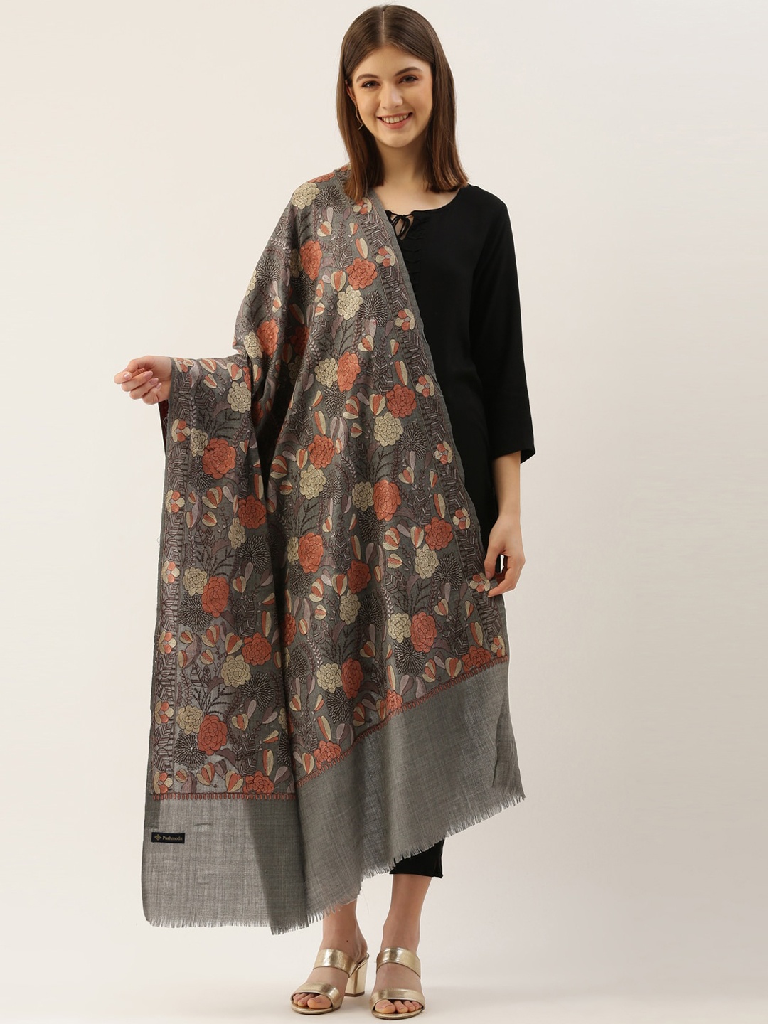 

Pashmoda Women Grey & Peach-Coloured Embroidered Woolen Shawl, Grey melange
