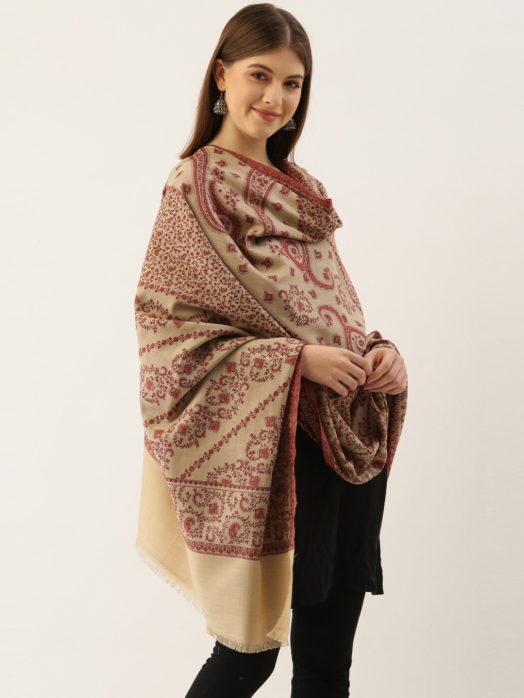 

Pashmoda Women Beige & Maroon Woven Design Shawl