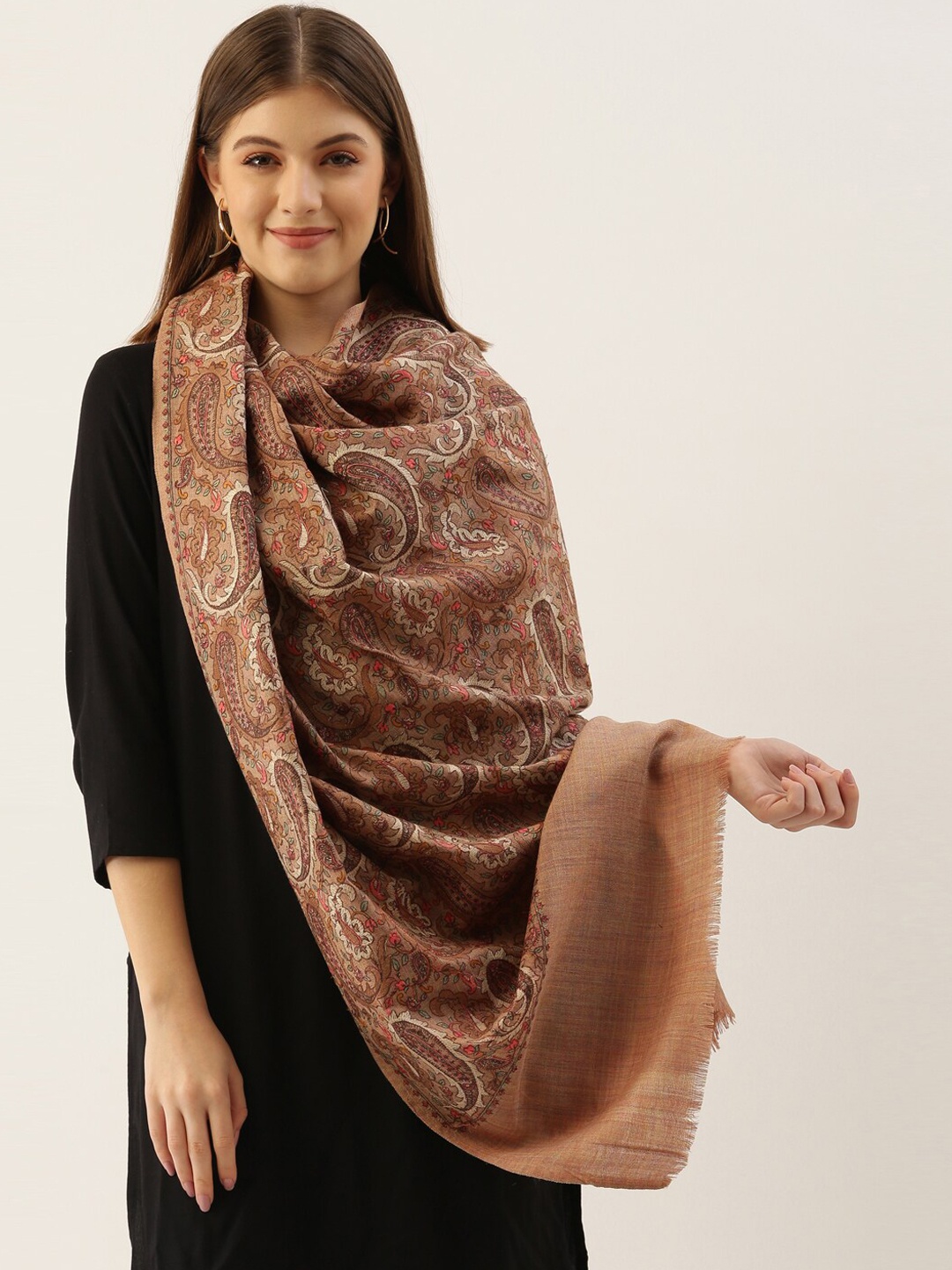 

Pashmoda Women Beige & Brown Embroidered Woolen Shawl