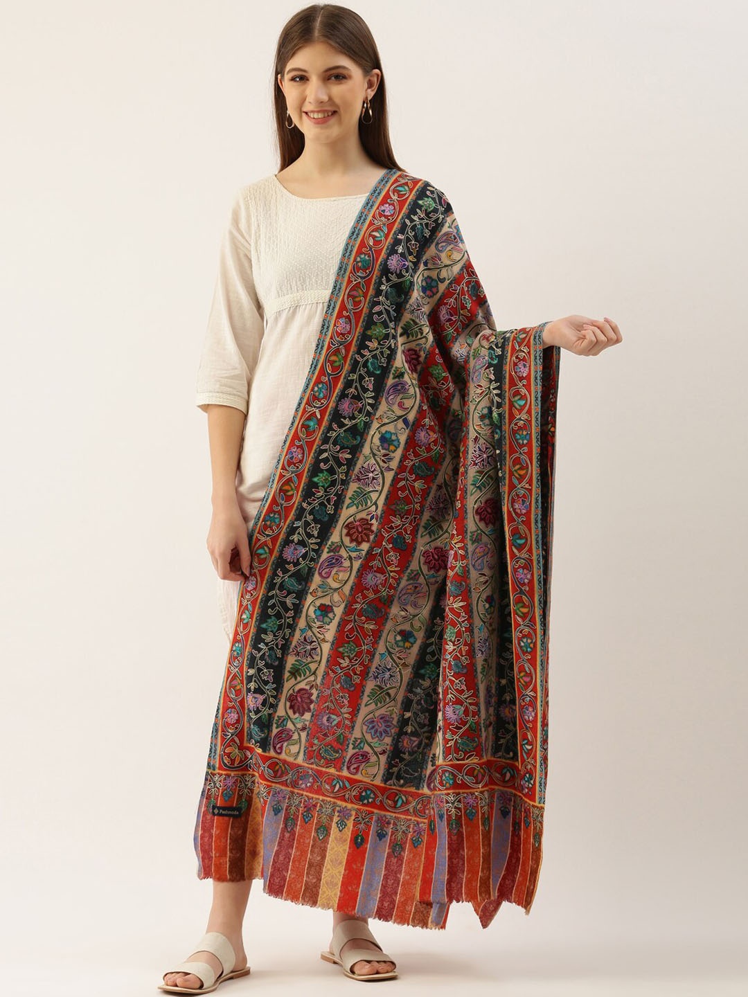 

Pashmoda Women Multicoloured Embroidered Woolen Shawl, Multi