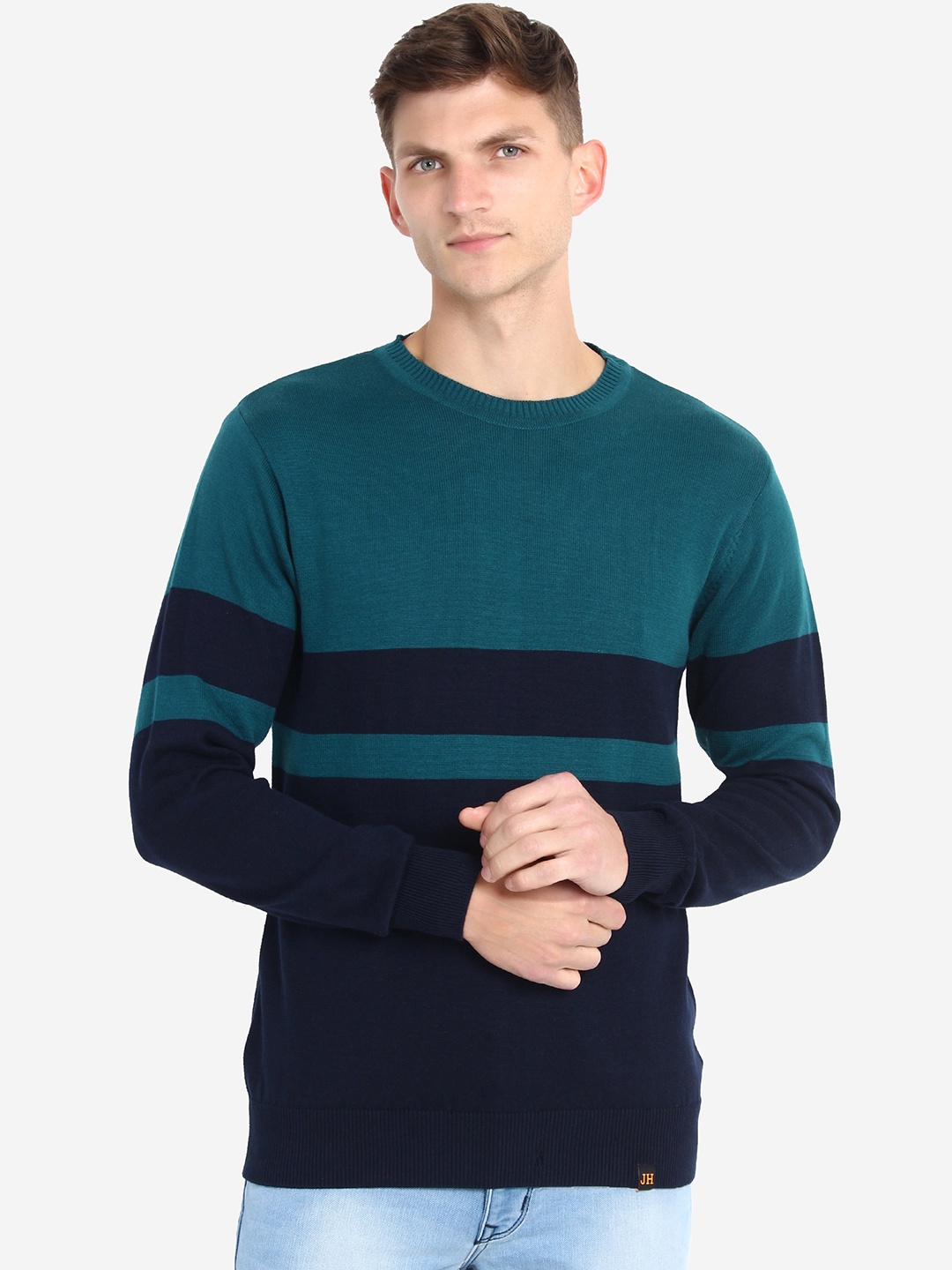 

JoE Hazel Men Green & Navy Blue Striped Pure Cotton Pullover