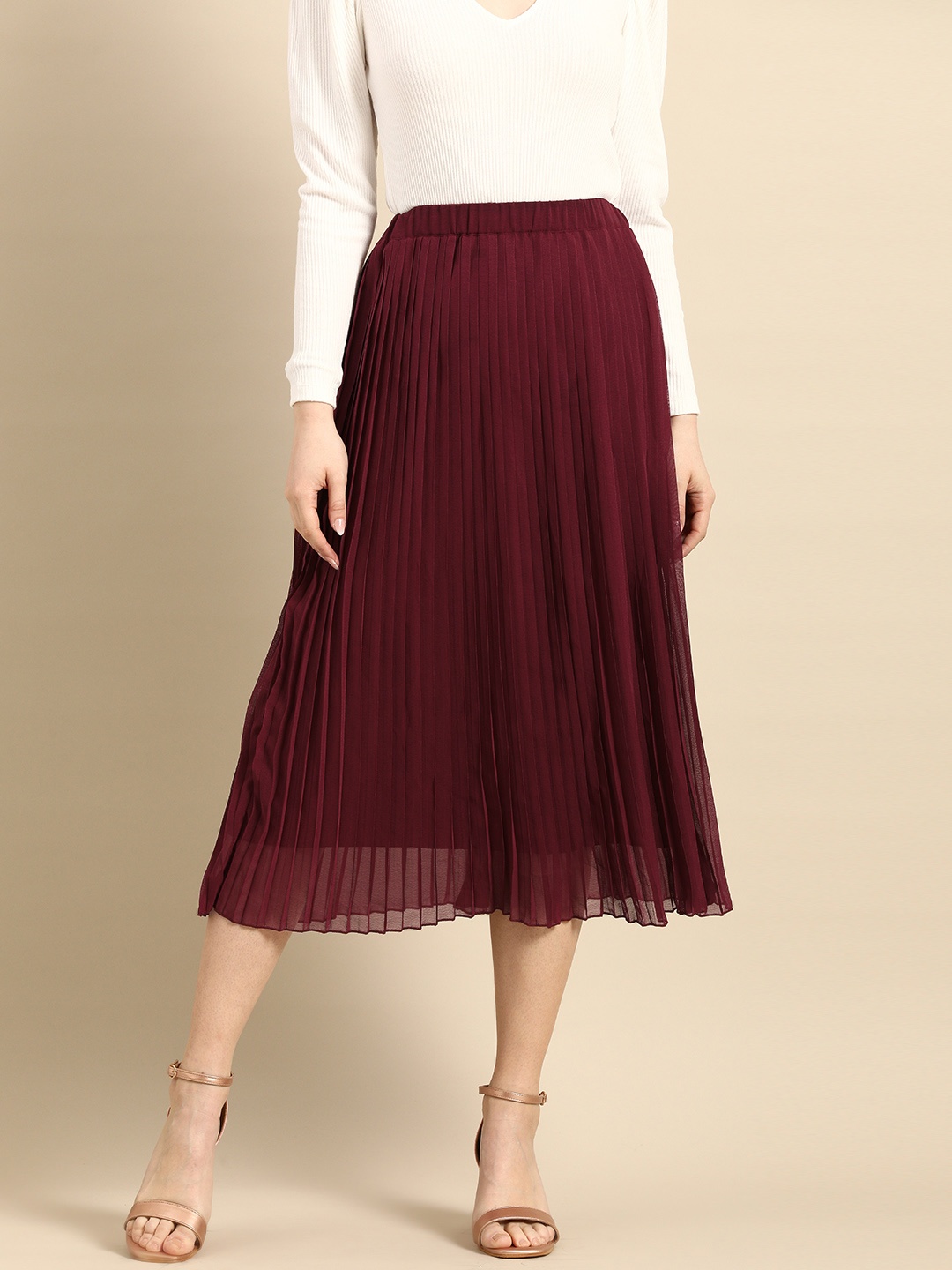 

all about you Women Maroon Solid Accordion Pleats Polyester Casual Flared Midi Skirt