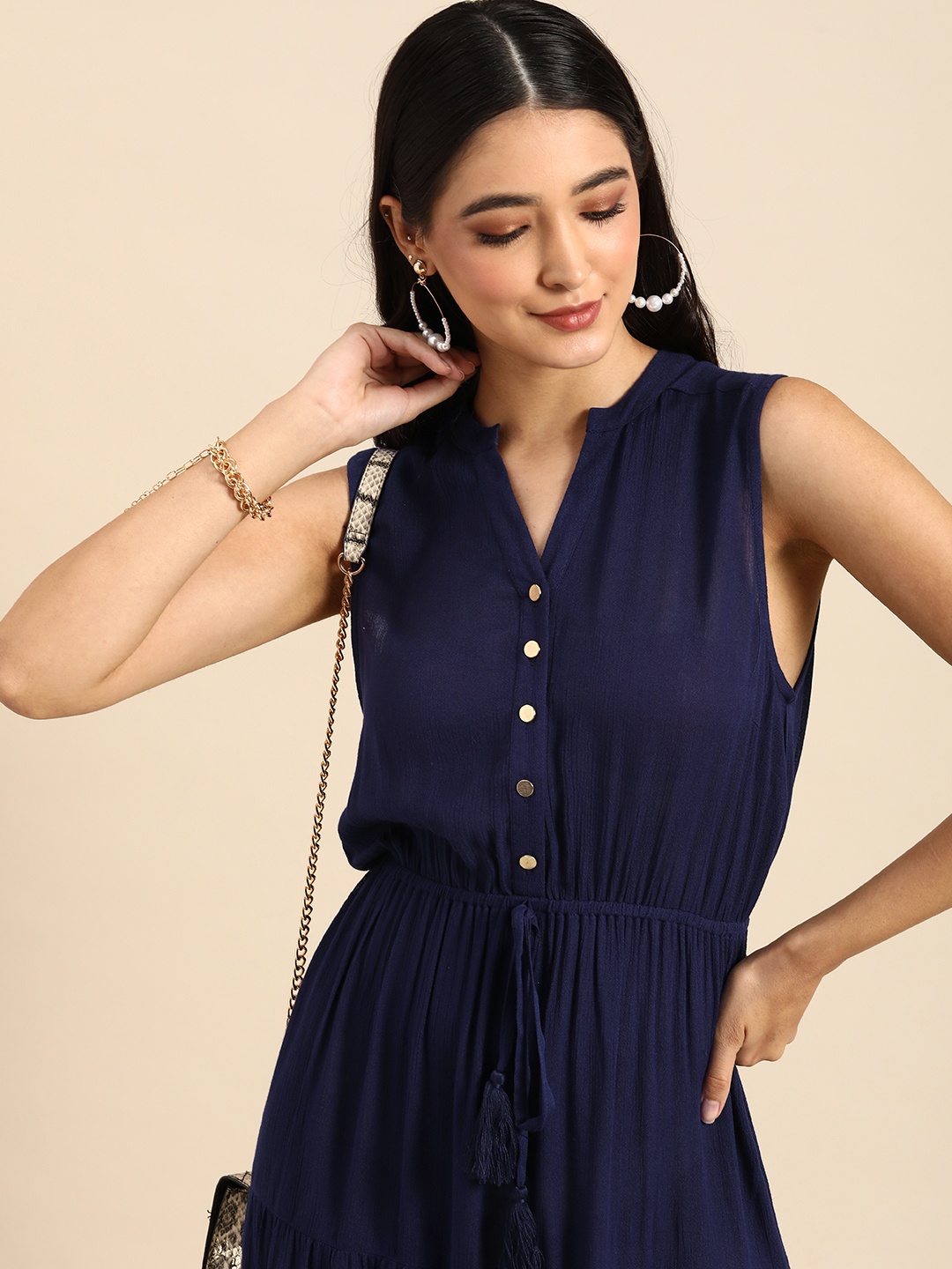 

all about you Women Navy Blue Solid A-Line Midi Dress
