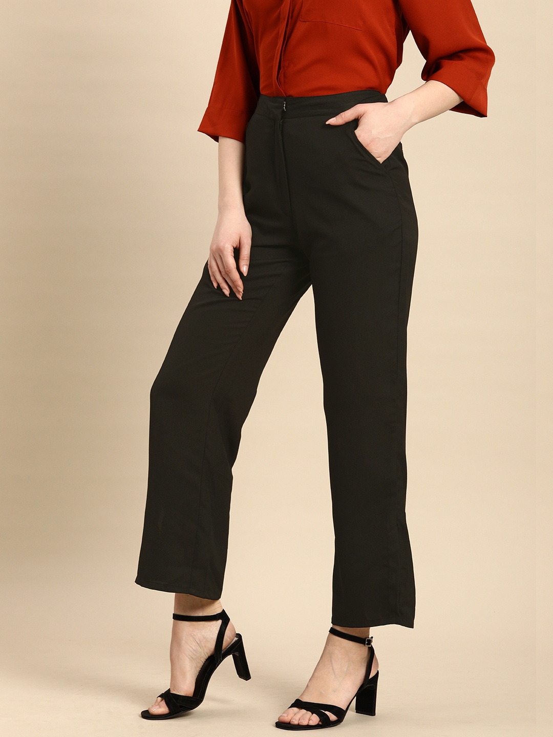 

all about you Women Black Solid Mid Rise Formal Trousers