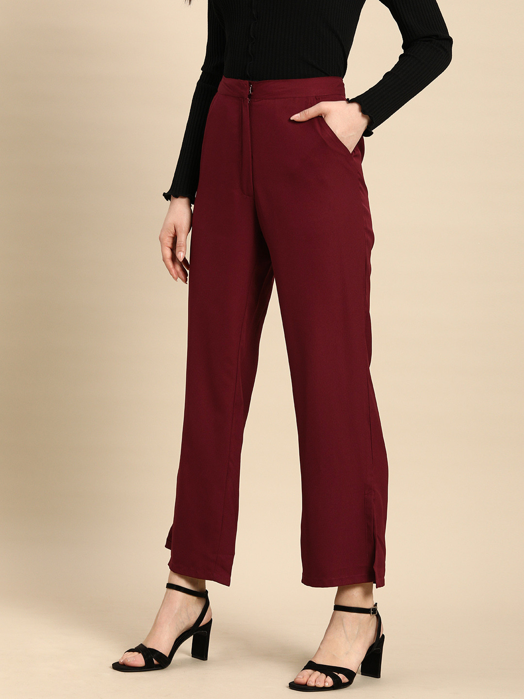 

all about you Women Maroon Solid Mid Rise Formal Trousers