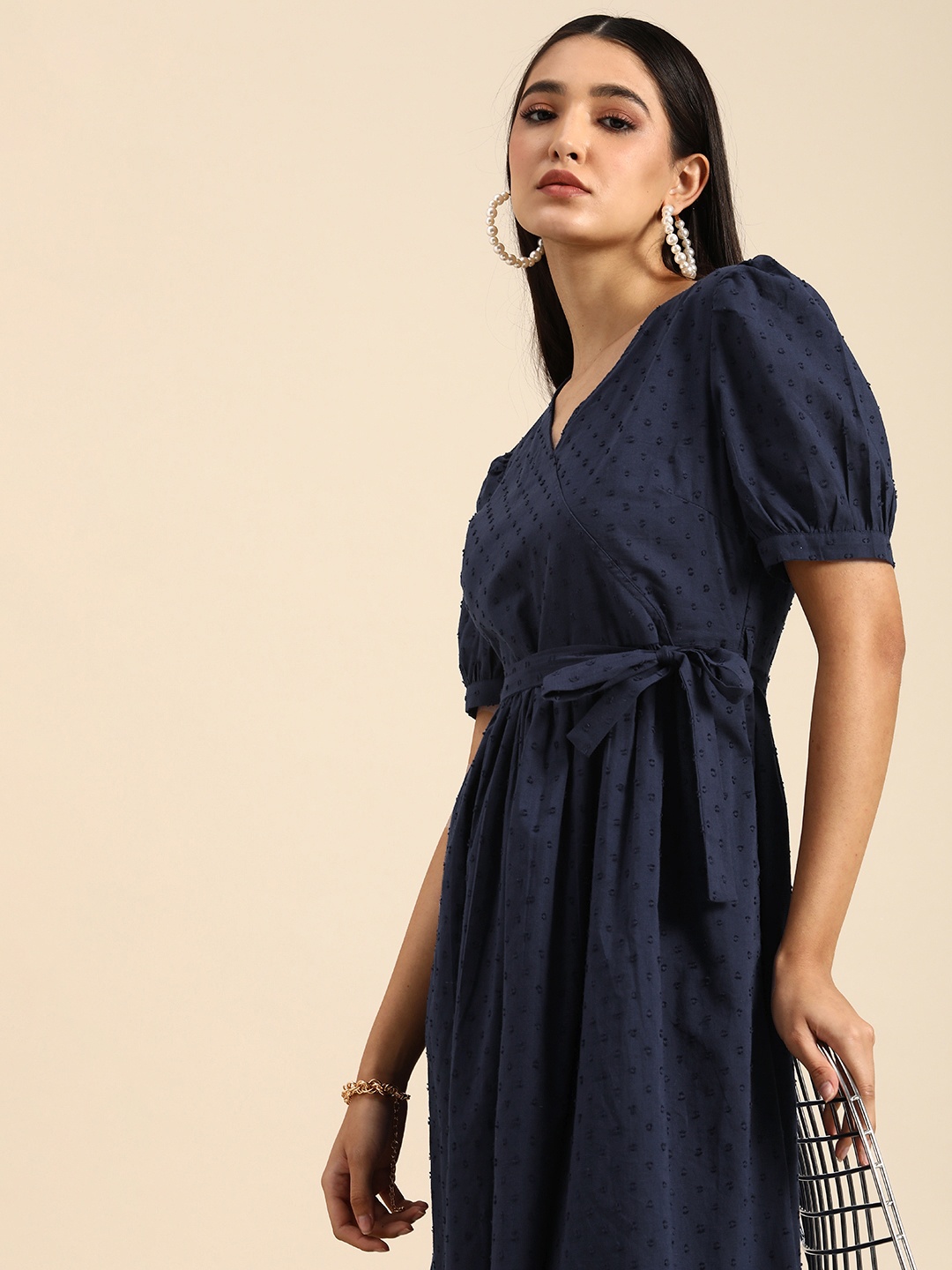 

all about you Navy Blue Self-Design Pure Cotton Wrap Dress