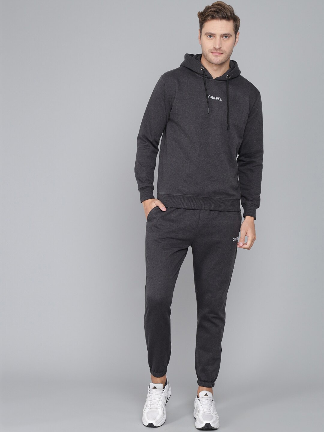 

GRIFFEL Men Charcoal Grey Solid Cotton Tracksuit