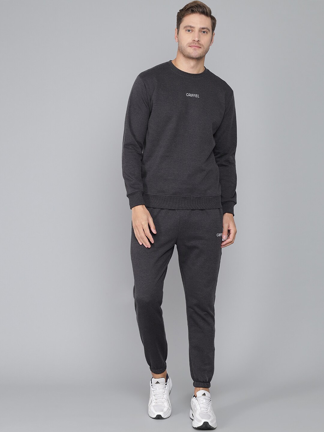 

GRIFFEL Men Charcoal-Grey Solid Cotton Tracksuit