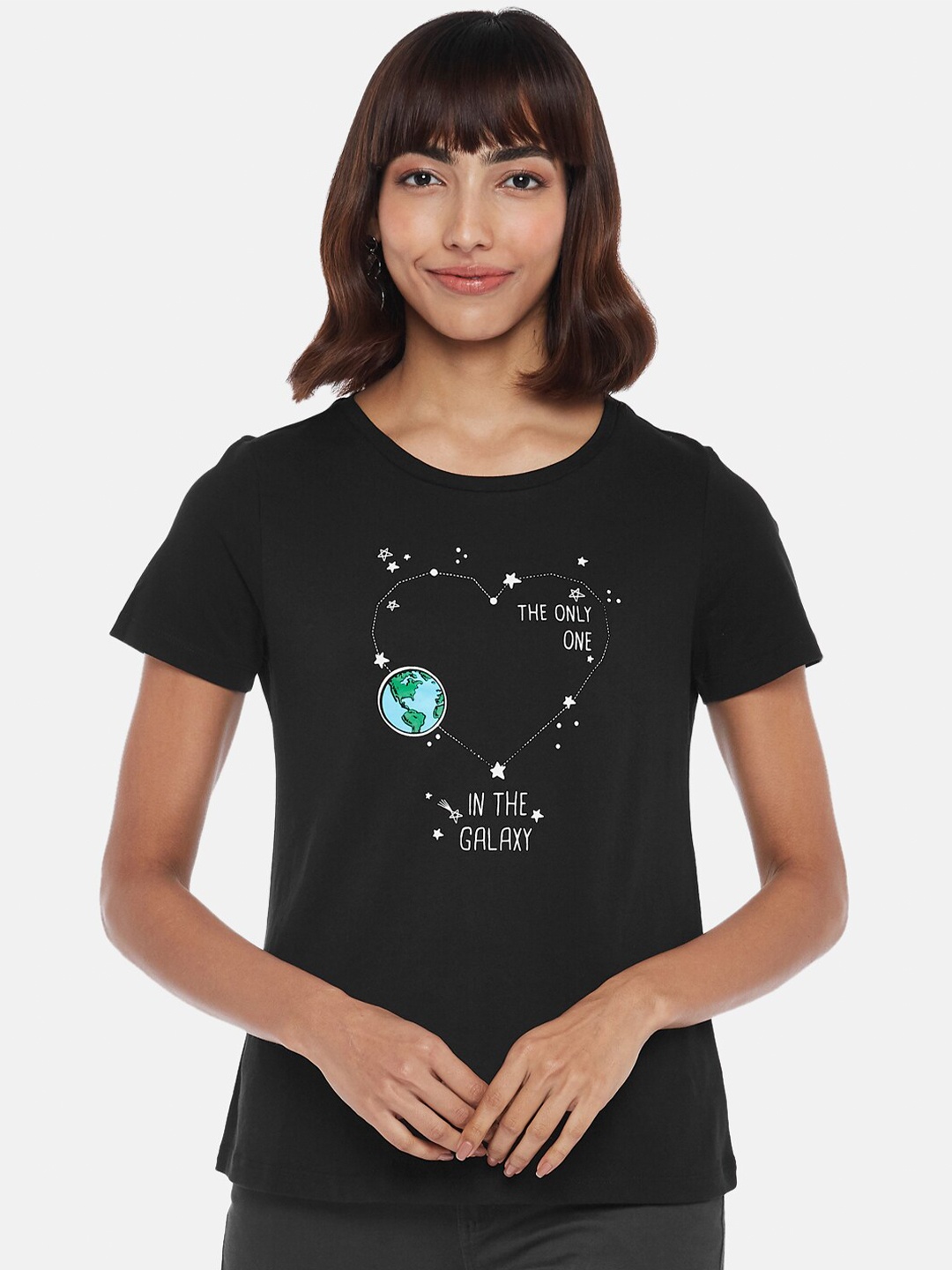 

Honey by Pantaloons Women Black & White Printed Cotton T-shirt