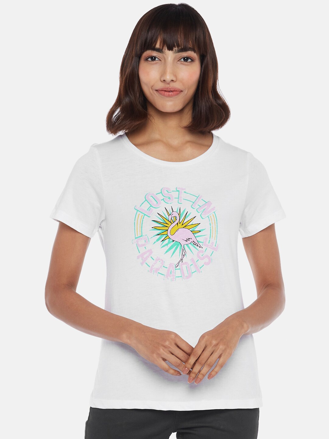 

Honey by Pantaloons Women White Graphic Printed Pure Cotton T-shirt