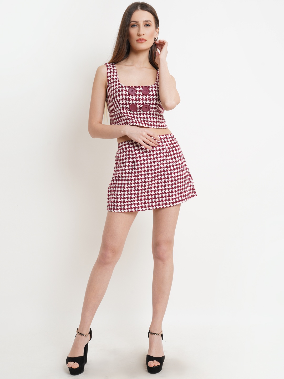 

Purple State Women Red & White Checked Top with Skirt