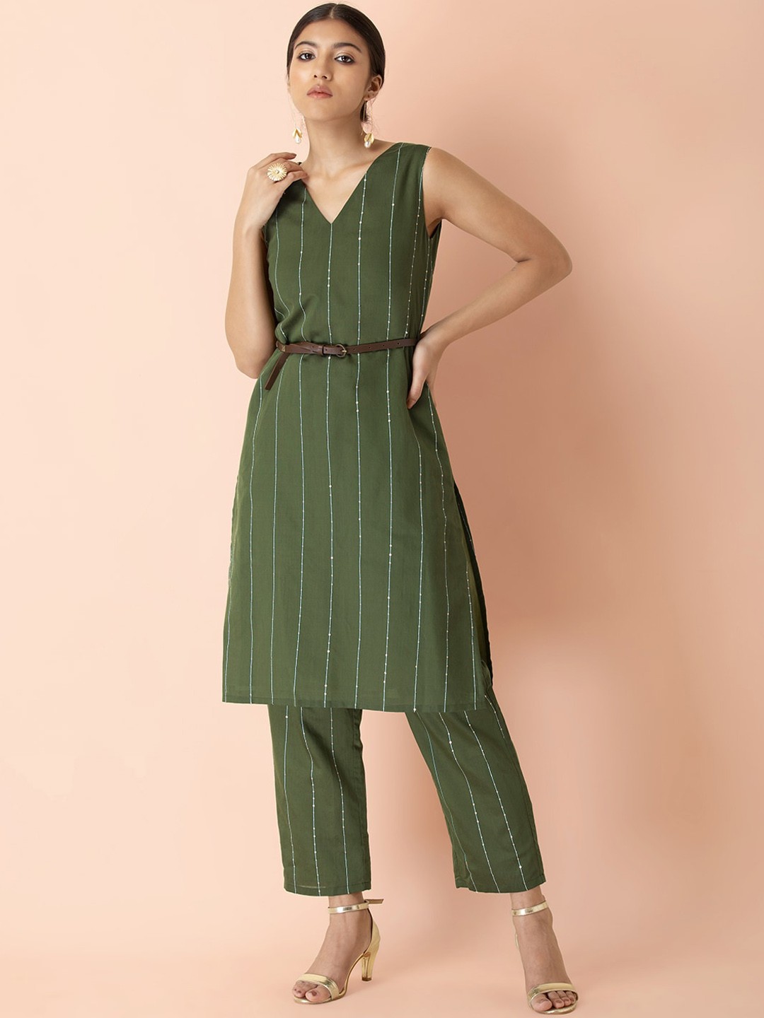 

Earthen BY INDYA Women Green Striped Sequinned Kurta with Trousers