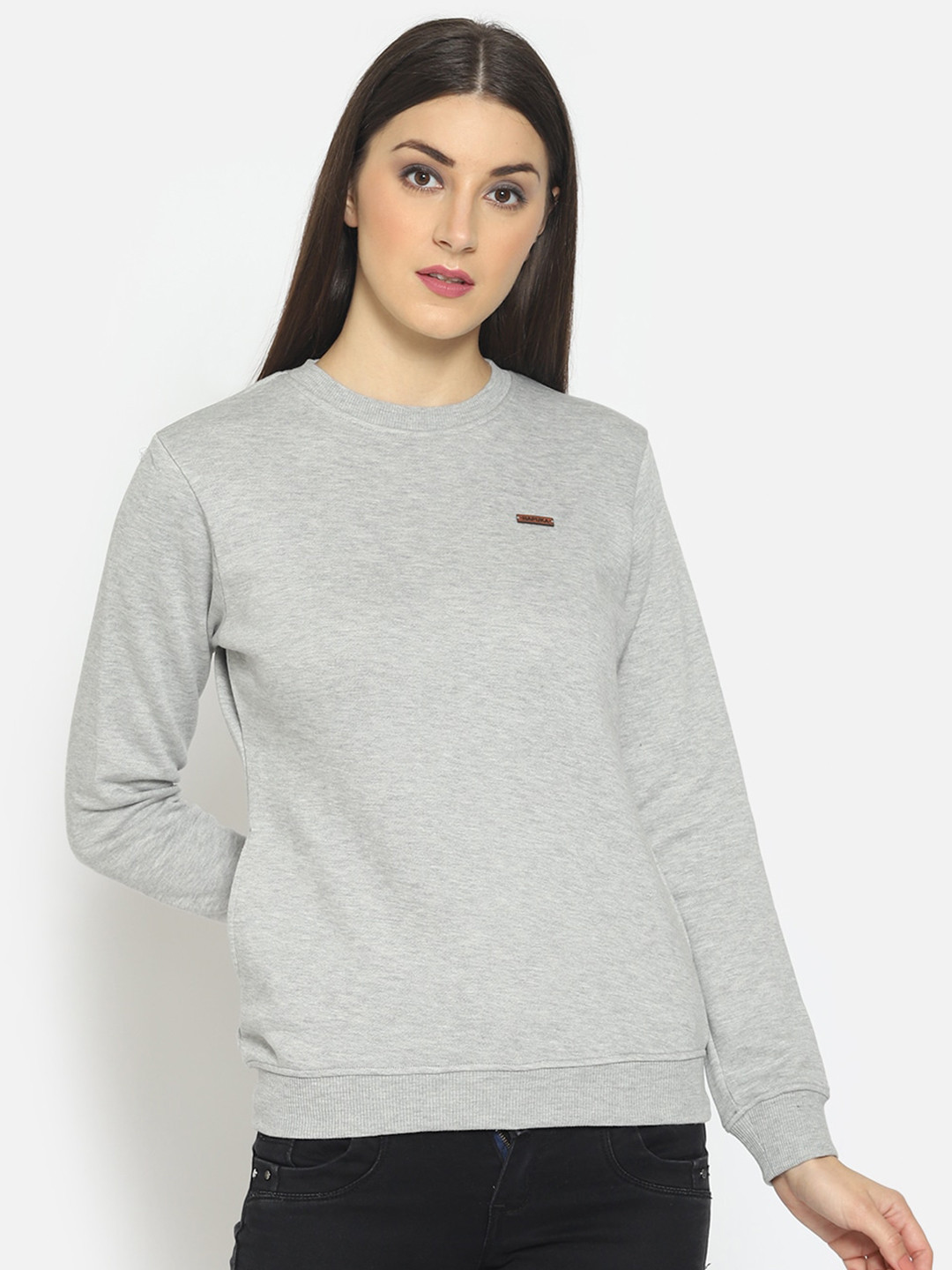 

Hapuka Women Grey Melange Solid Round Neck Sweatshirt