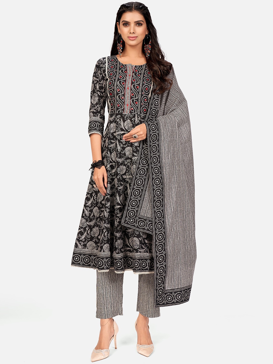 

Vbuyz Women Black Ethnic Motifs Printed Pure Cotton Kurta with Trousers & Dupatta