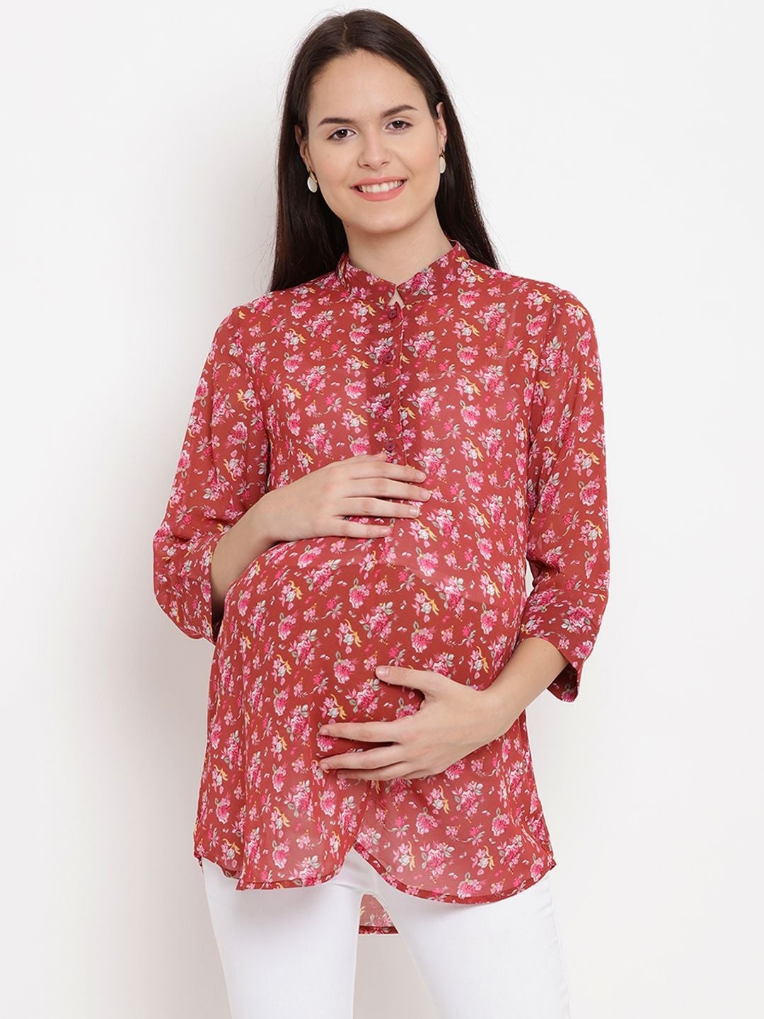 

Mine4Nine Maroon Floral Print Mandarin Collar Georgette High-Low Longline Top