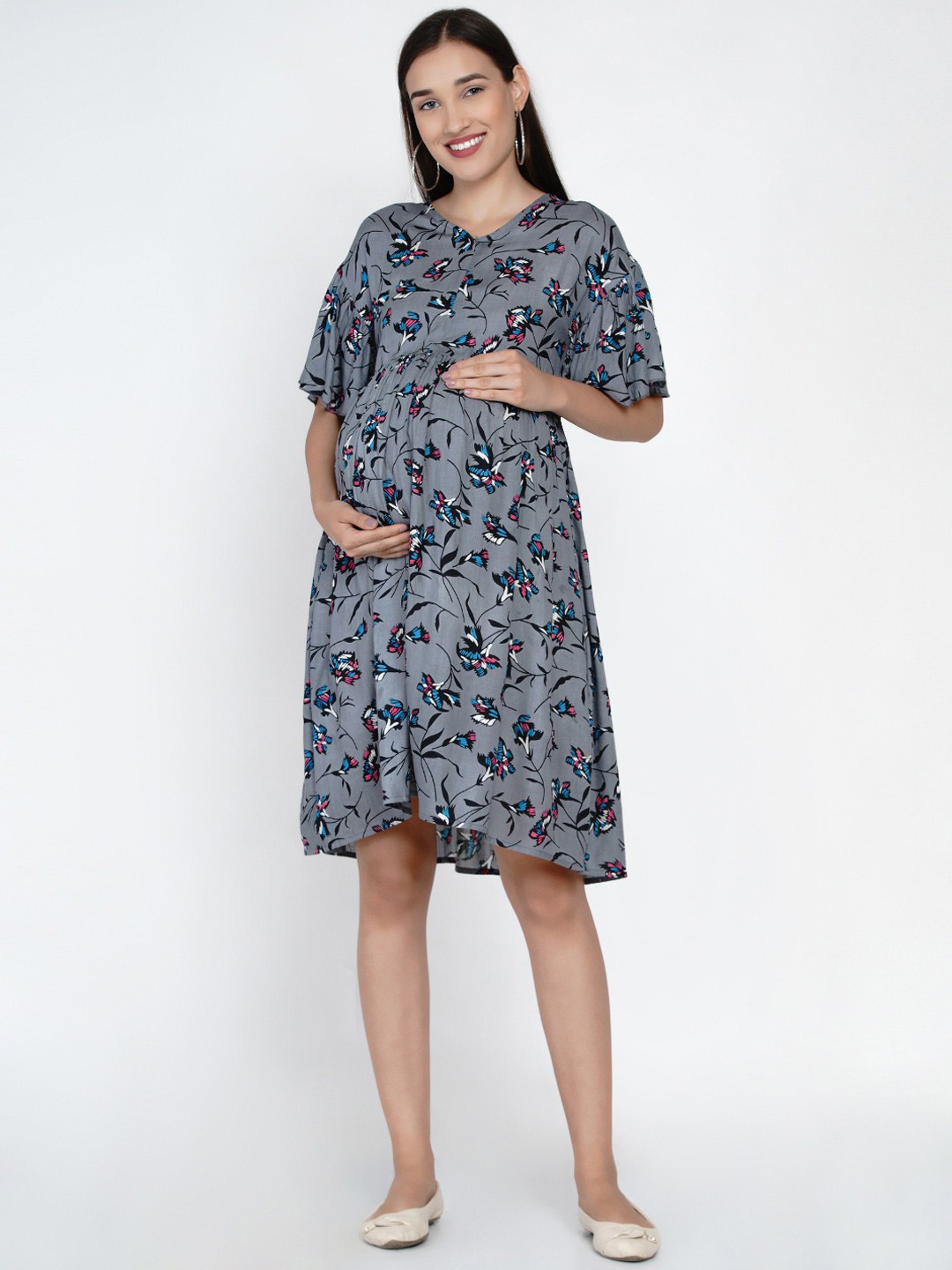 

Mine4Nine Grey Floral Cotton Maternity A-Line Dress