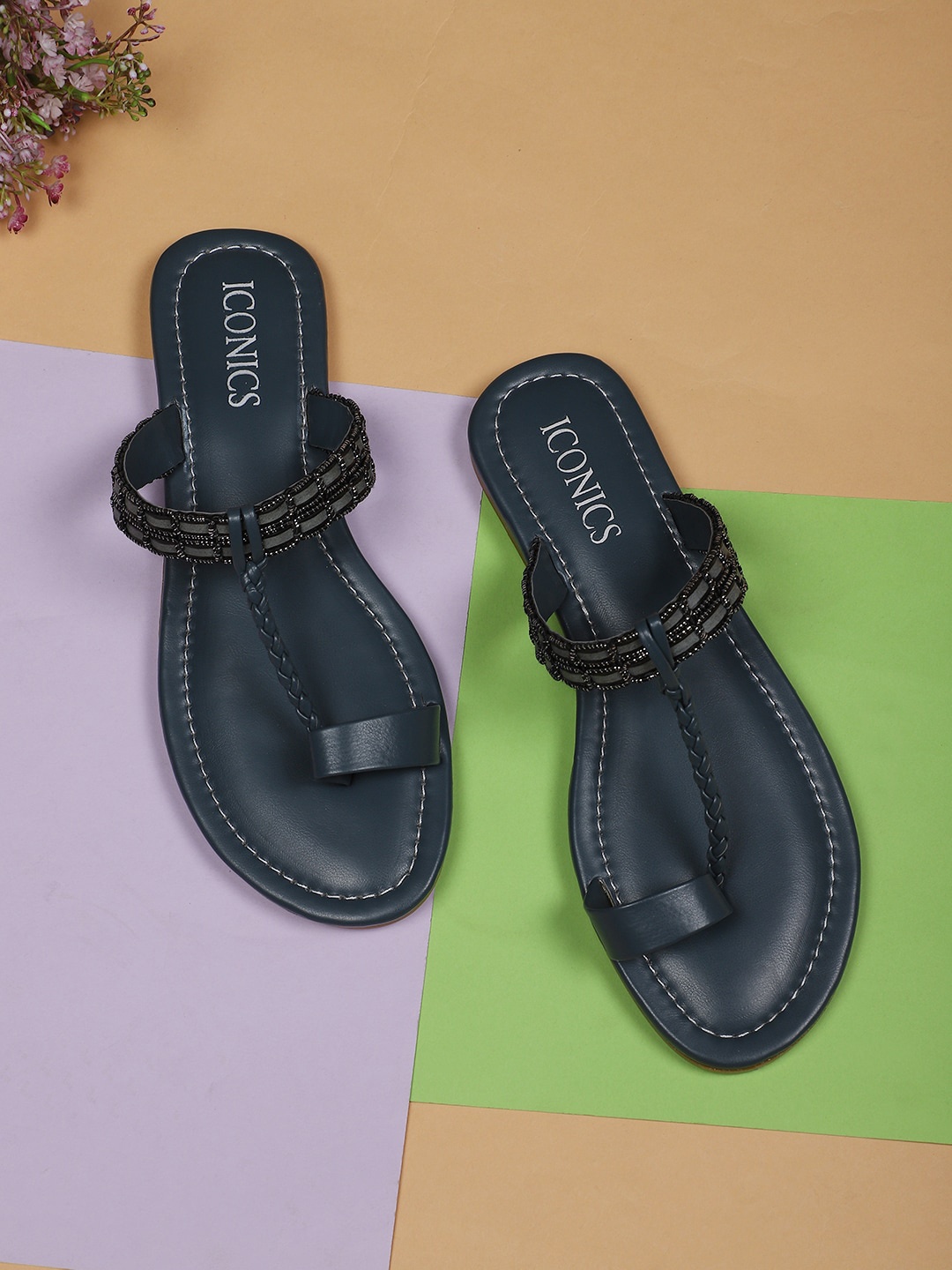 

ICONICS Woman Navy Blue Printed Leather Ethnic One Toe Flats