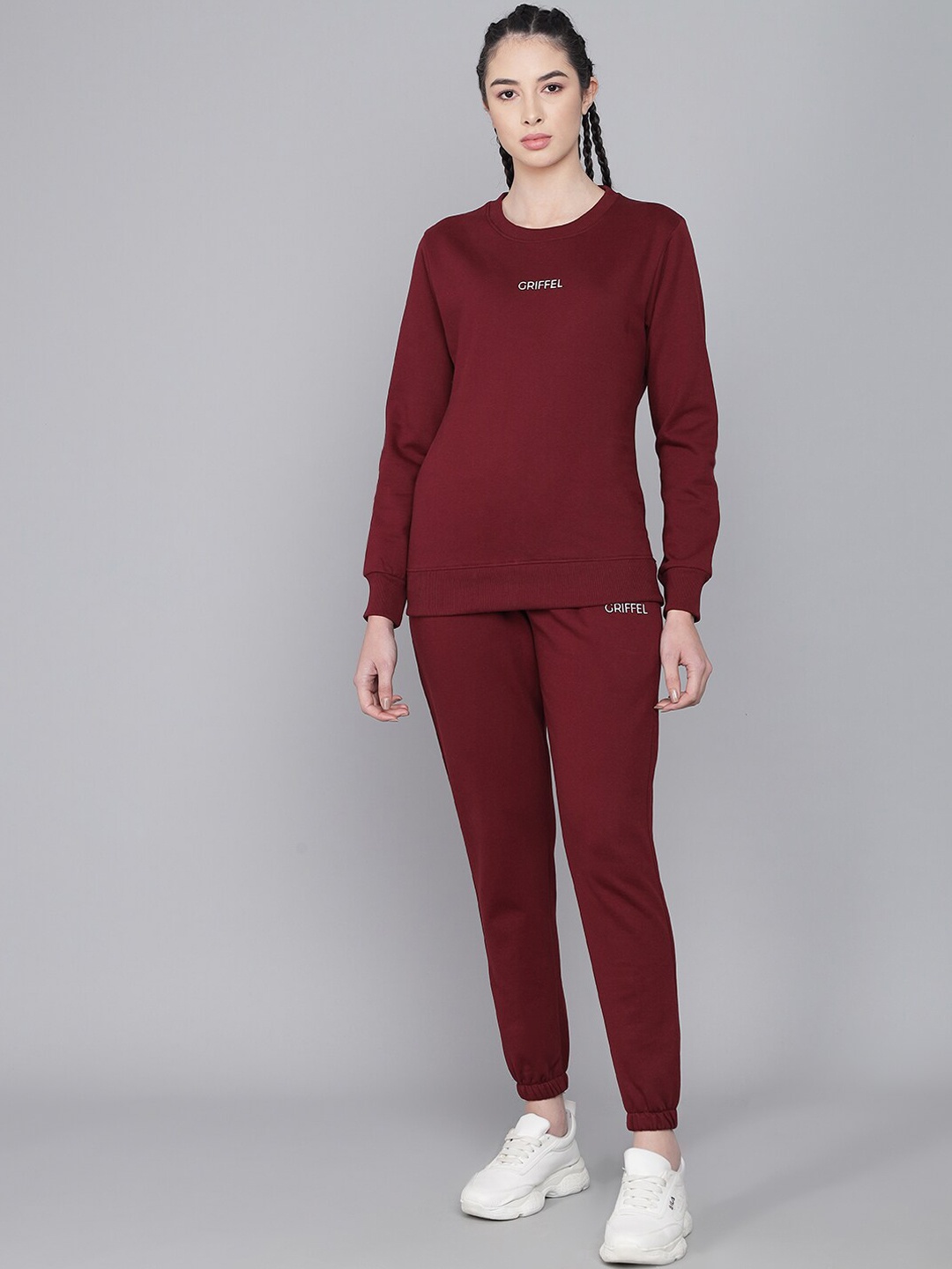 

GRIFFEL Women Maroon Solid Cotton Tracksuit