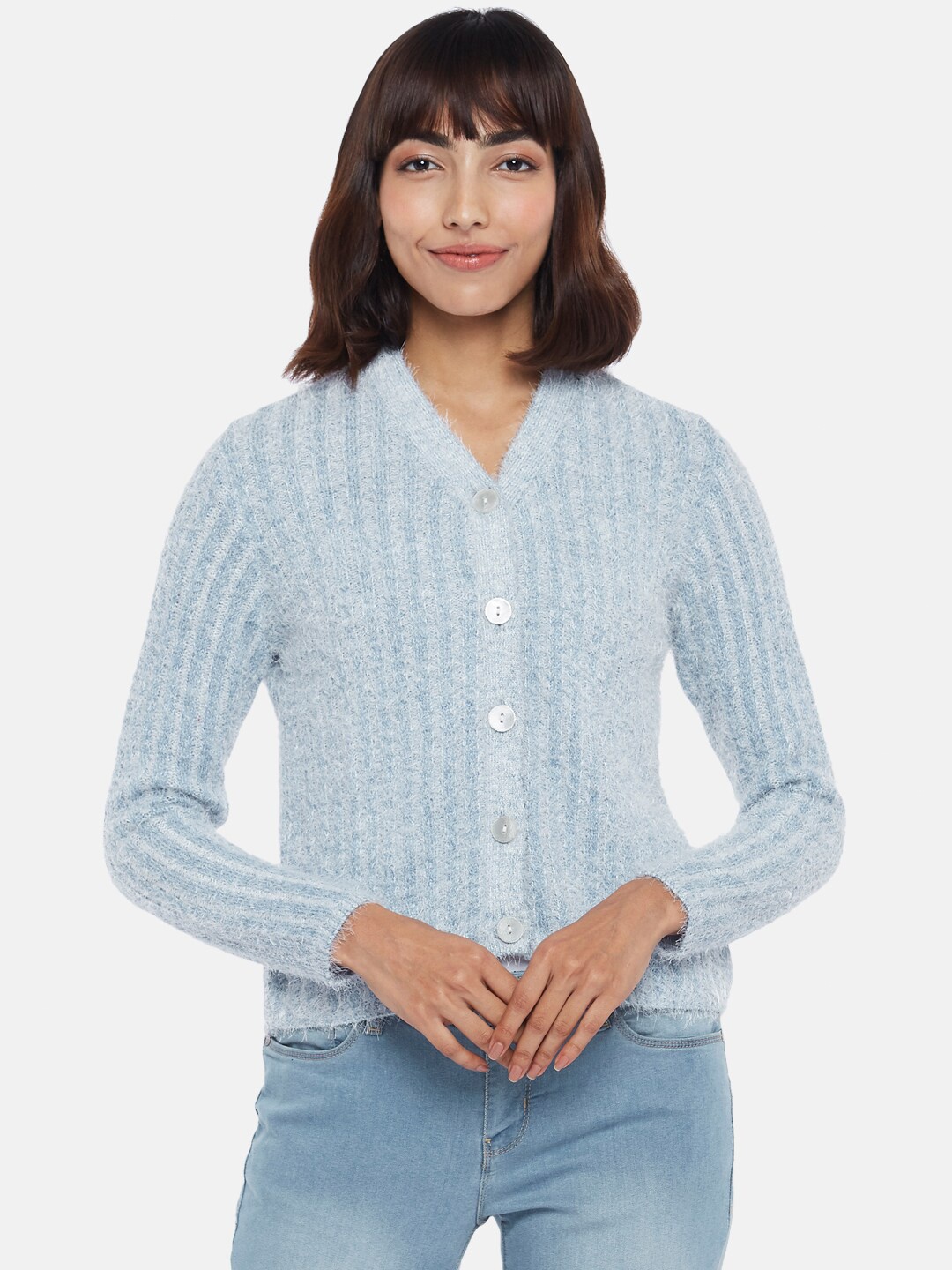 

People Women Blue Striped V-neck Cardigan with Fringed Detail