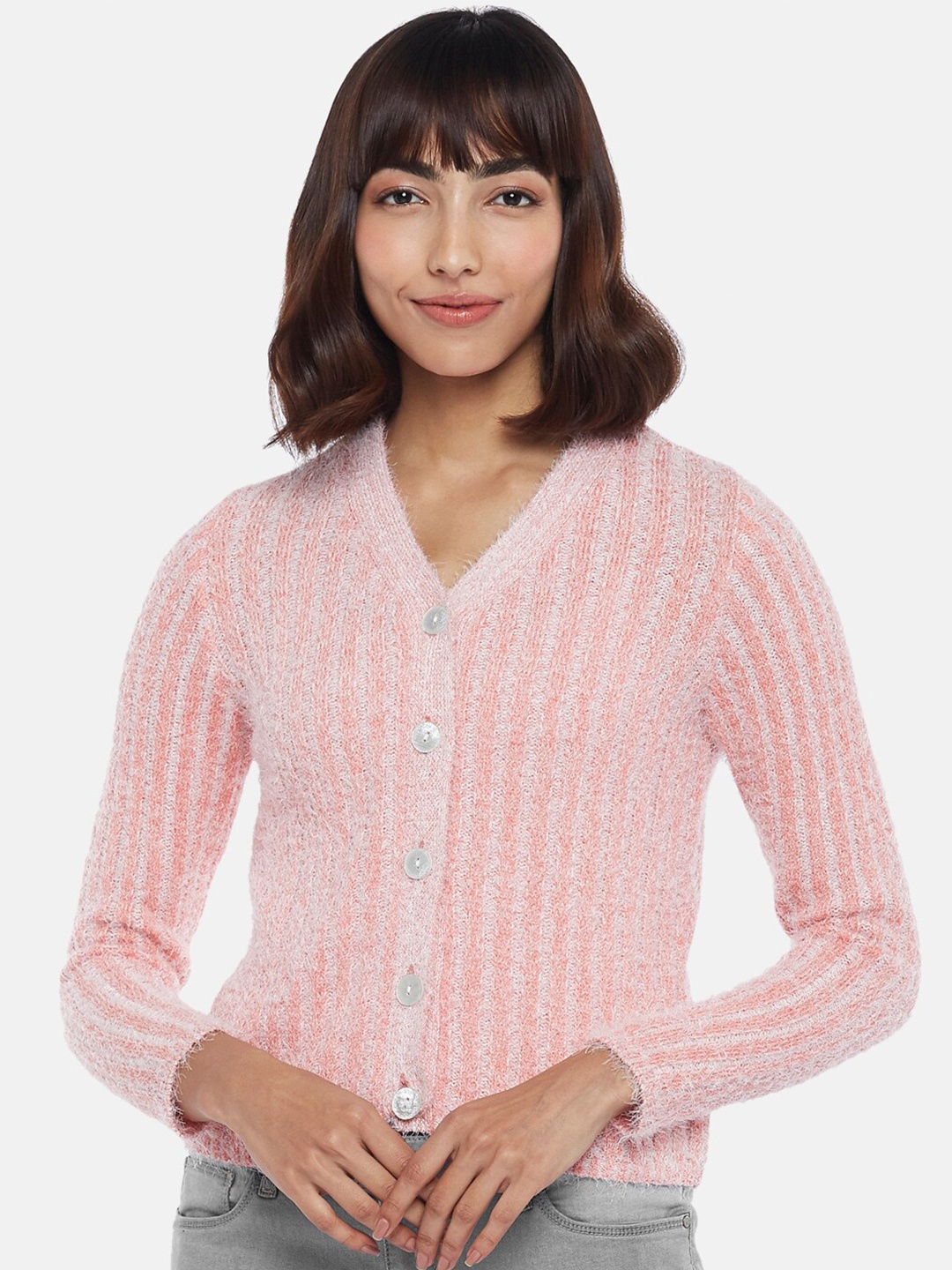 

People Women Peach-Coloured Striped Cardigan