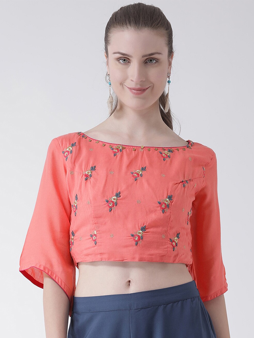 

Span Peach-Coloured Floral Embroidered Crop Top