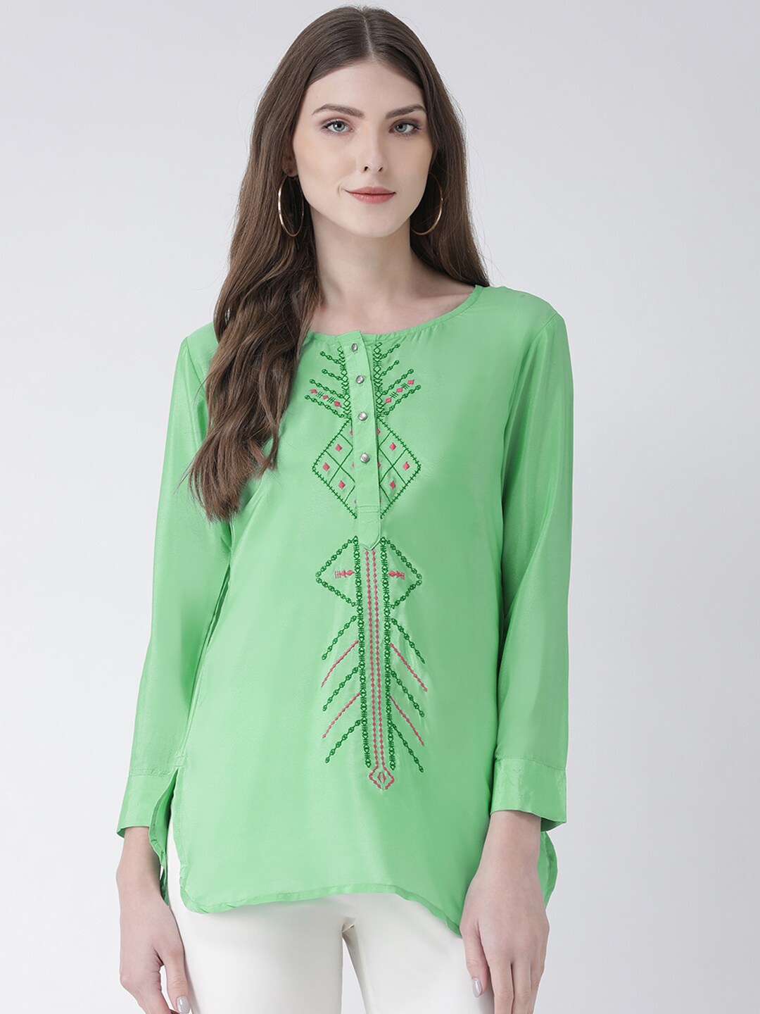 

Span Green Geometric Crepe High-Low Top