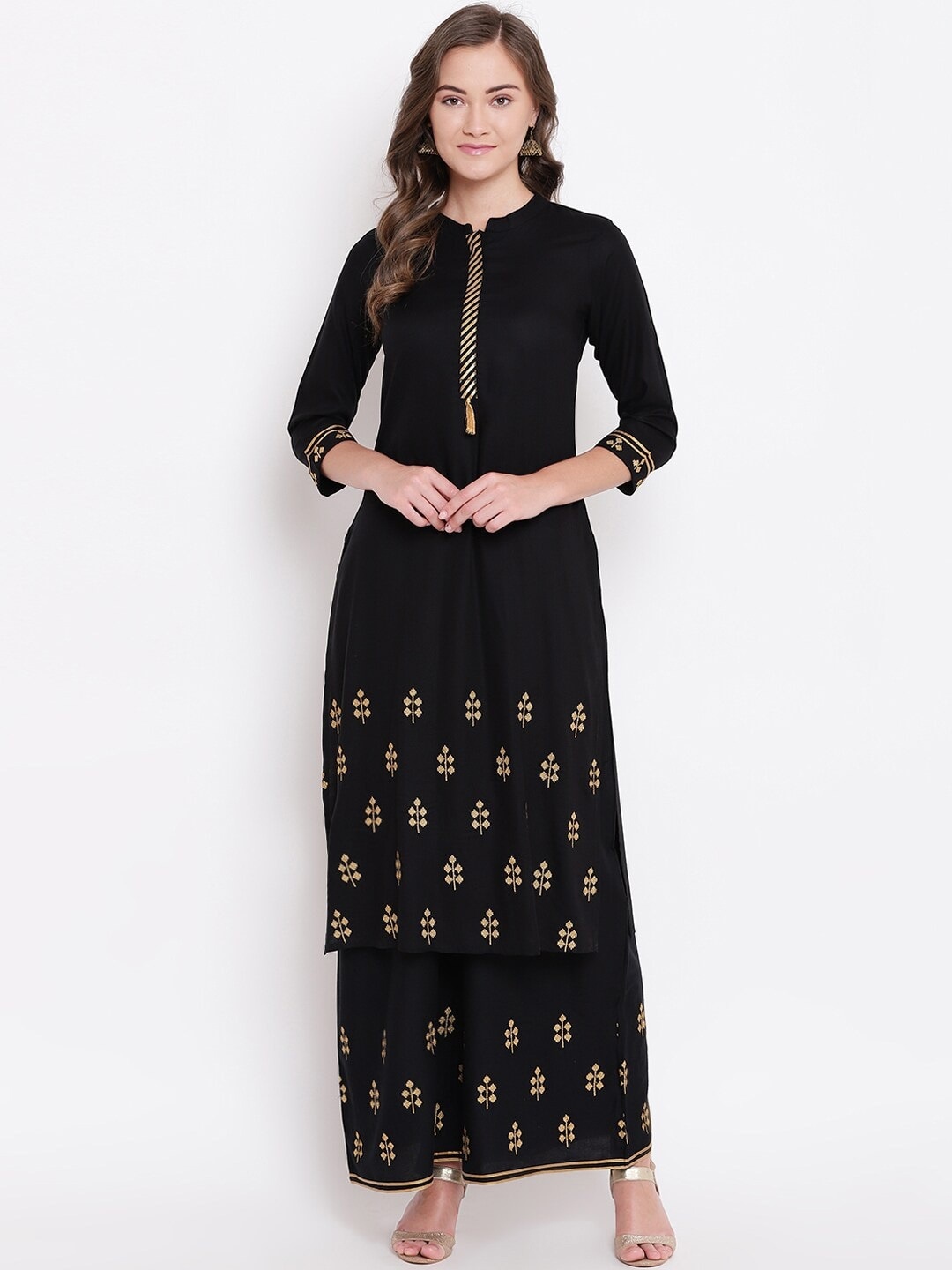 

Be Indi Women Black & Gold-Coloured Ethnic Motifs Printed Straight Kurta
