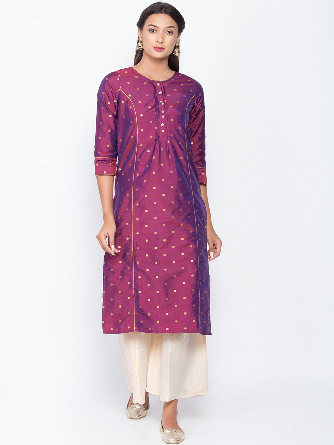 

Be Indi Women Purple Geometric Dyed Keyhole Neck Flared Sleeves Thread Work Kurta