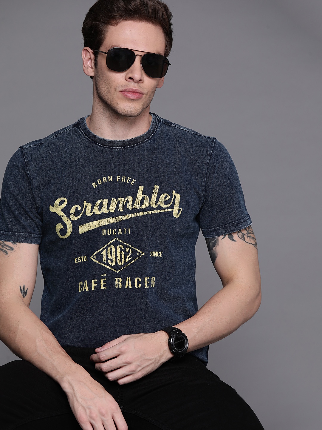 

Ducati Men Navy Blue & Mustard Yellow Typography Printed Pure Cotton T-shirt