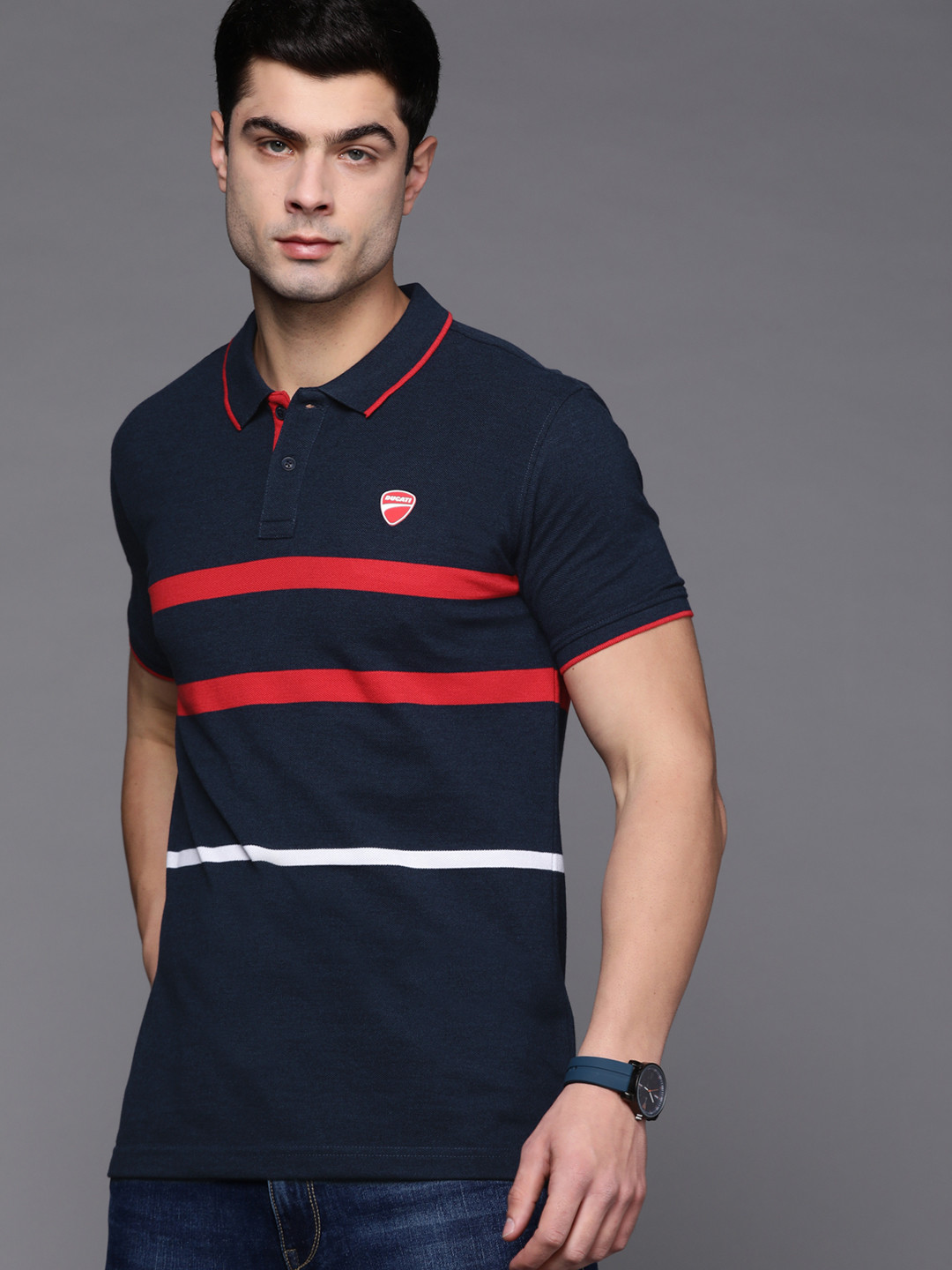 

Ducati Men Navy Blue & Red Striped Polo Collar T-shirt