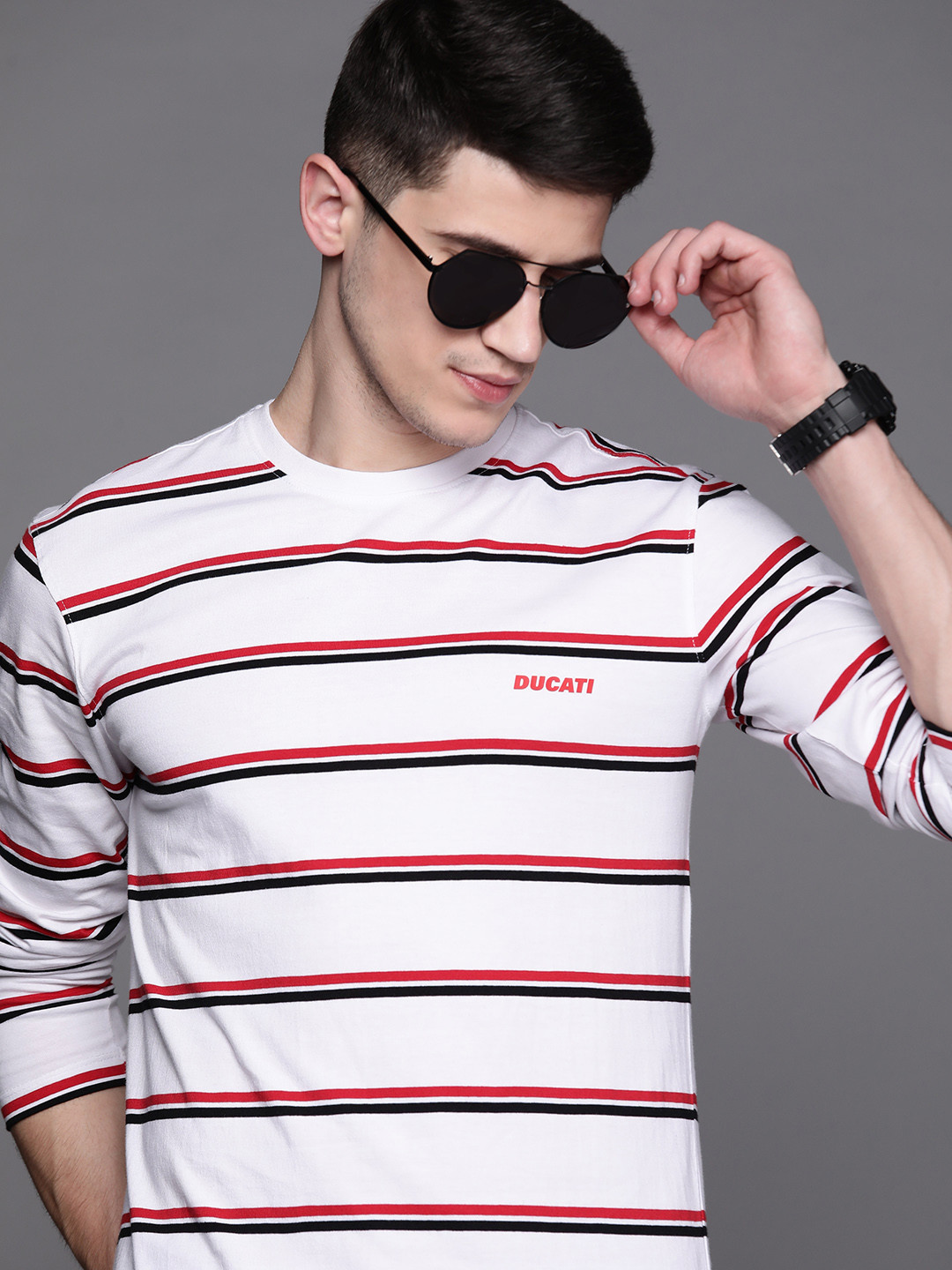 

Ducati Men White & Red Striped Pure Cotton T-shirt